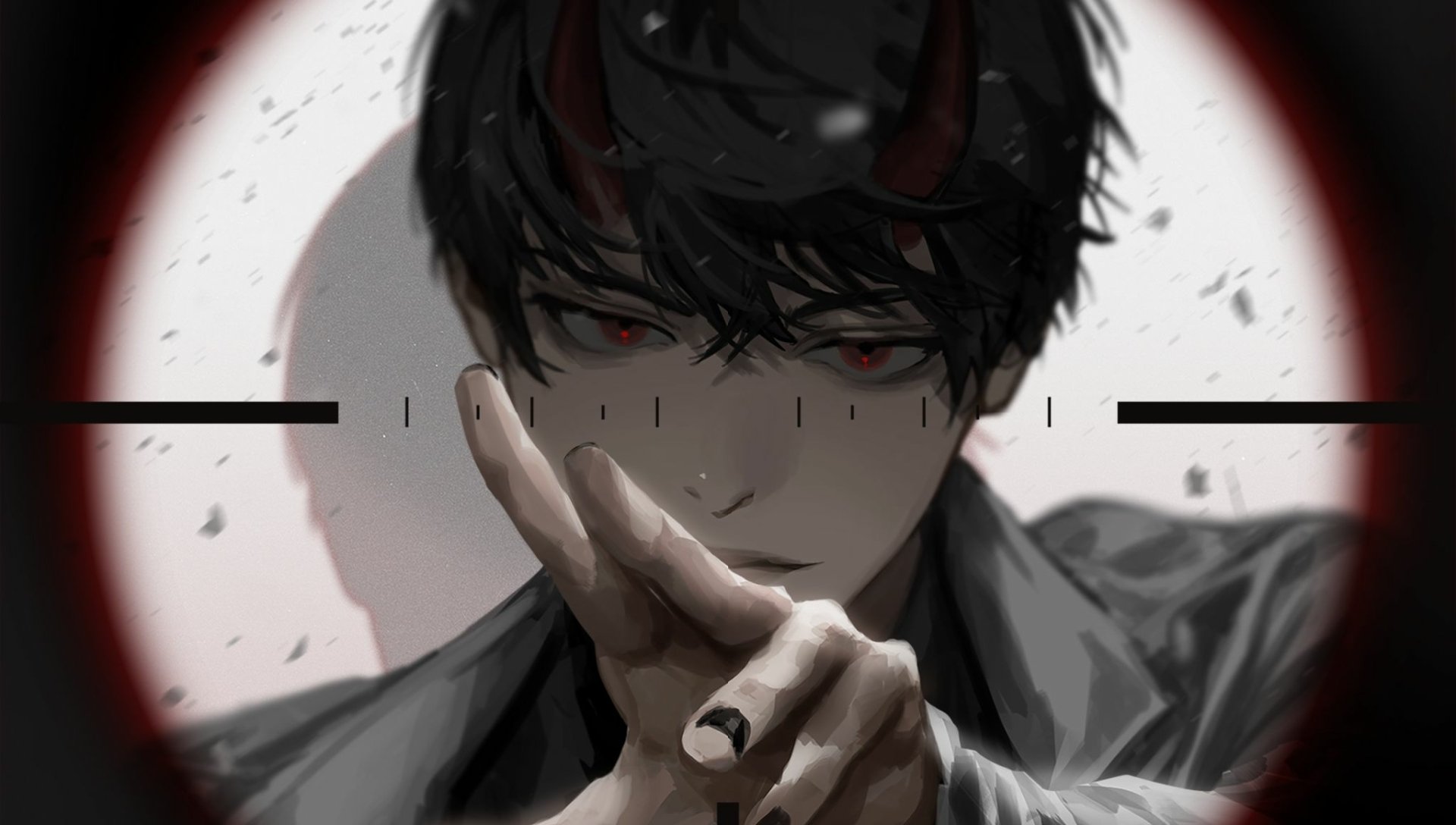 HD desktop wallpaper of Kim Dokja from the anime Omniscient Reader's Viewpoint, featuring him with dark hair, piercing eyes, and small horns, holding a gesture with his hand against a dramatic background.