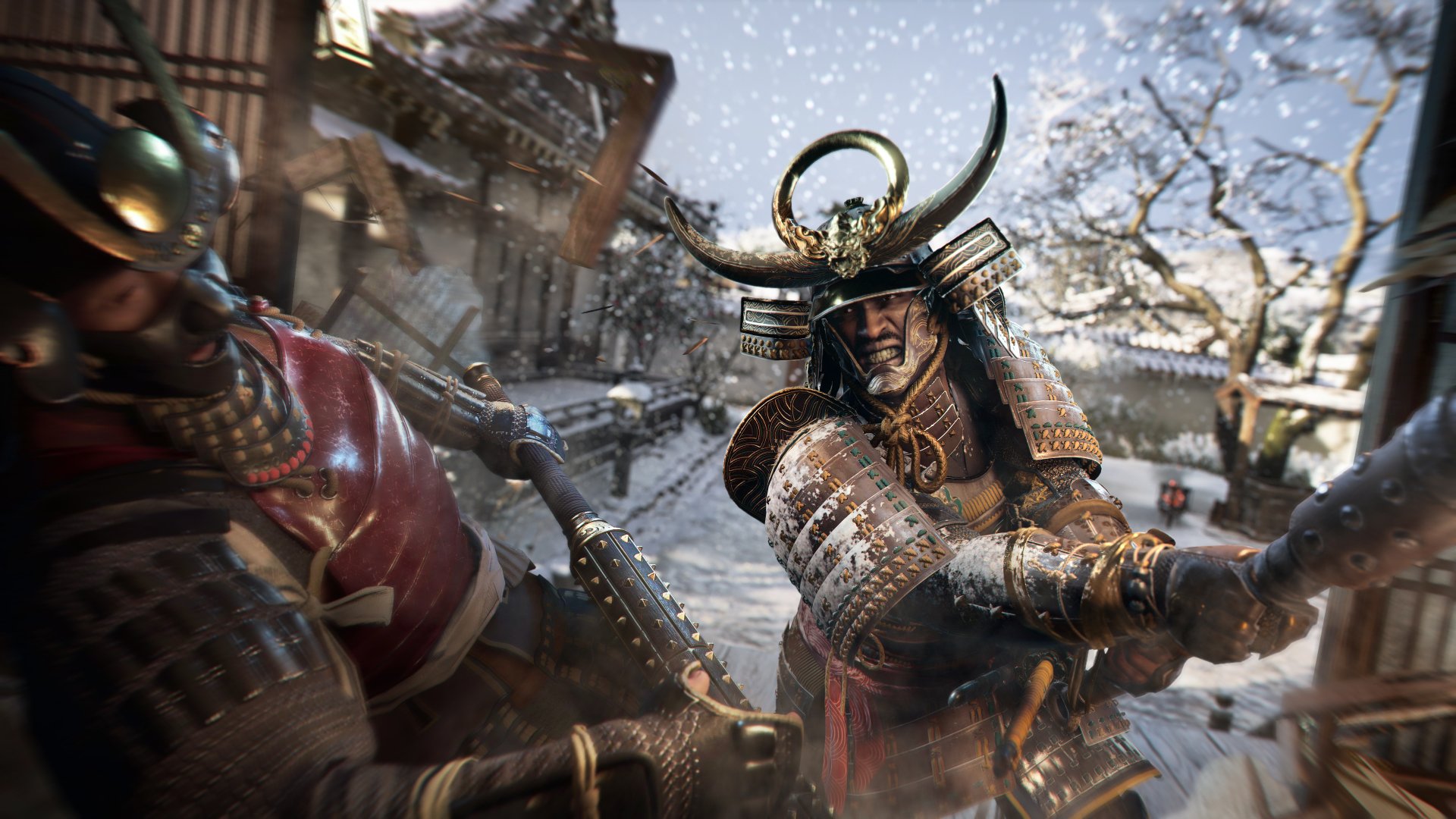 HD desktop wallpaper of Assassin's Creed Shadows featuring a fierce samurai battle in a snowy, traditional Japanese setting.