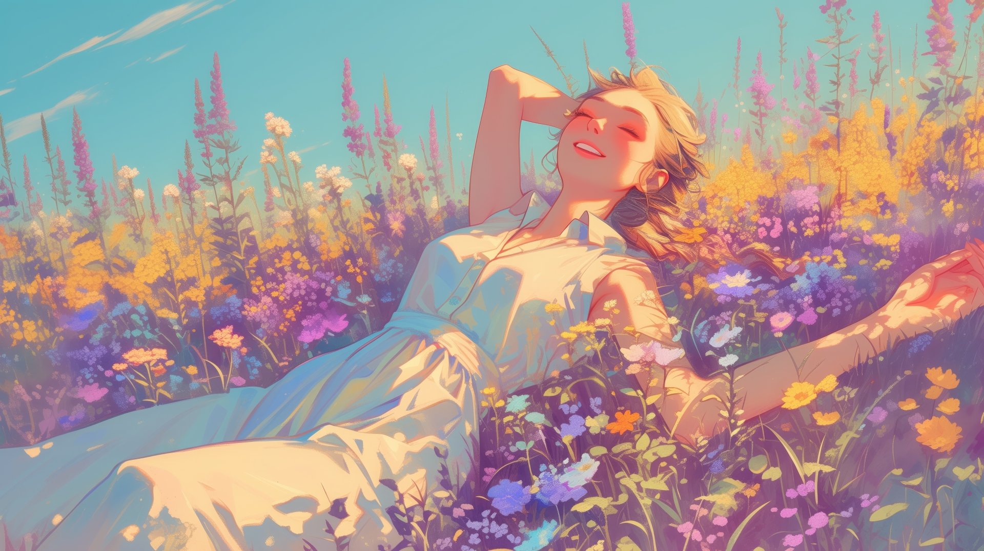 A happy woman in a serene meadow, surrounded by vibrant flowers, enjoying the sunny day. This HD desktop wallpaper exudes tranquility and happiness.