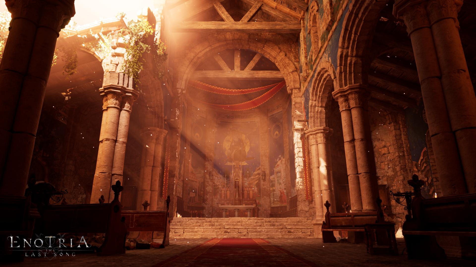 HD desktop wallpaper and background from the video game Enotria: The Last Song showing a sunlit, ancient cathedral interior with detailed architecture and warm lighting.