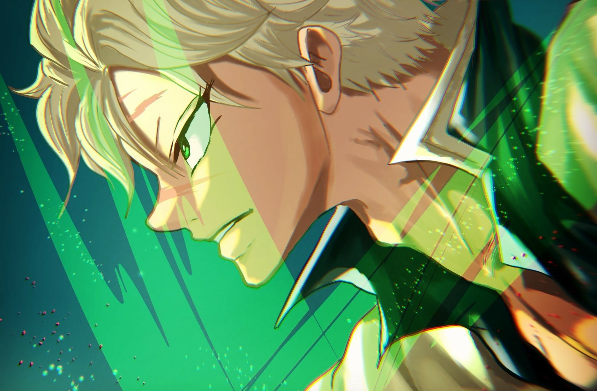 HD PC desktop wallpaper featuring Sanemi Shinazugawa from the anime Demon Slayer: Kimetsu no Yaiba, showcasing dynamic lighting and intense expression.