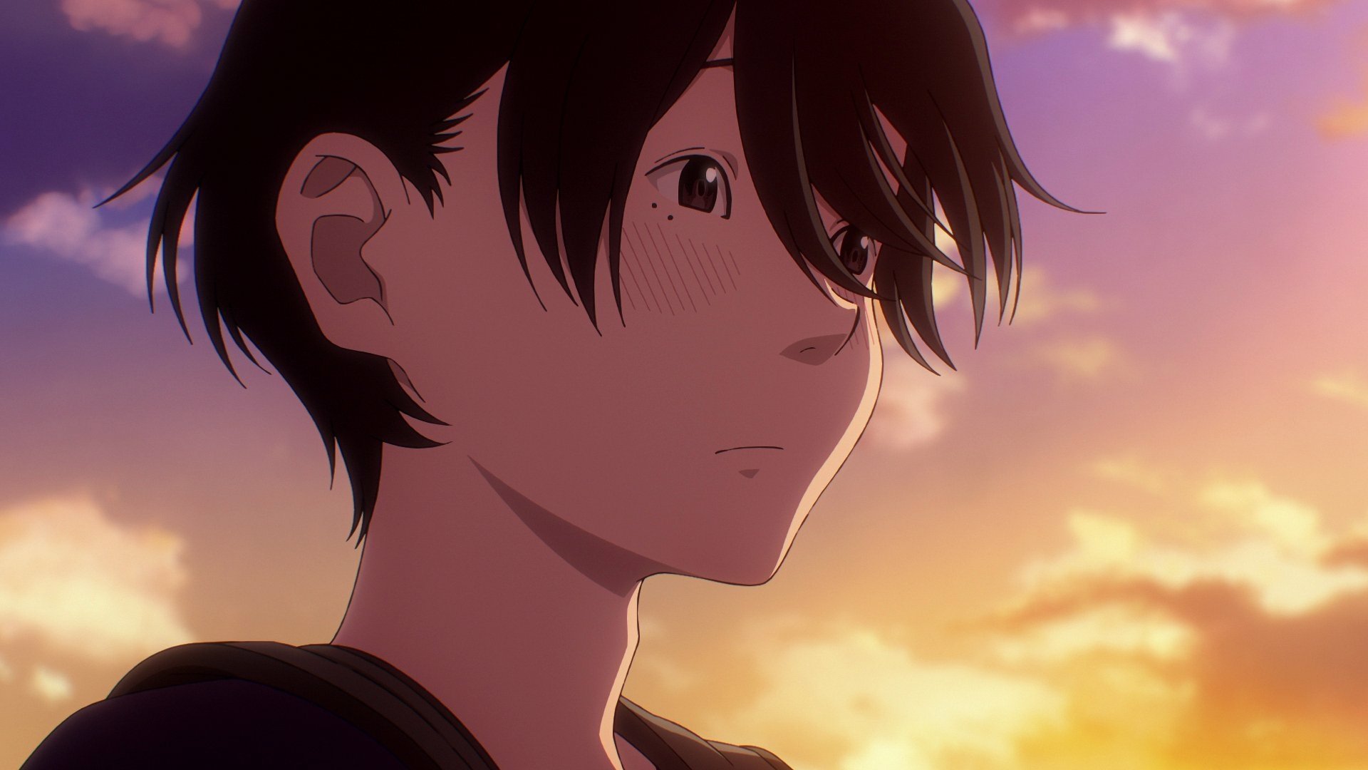 HD desktop wallpaper featuring an anime character from Dead Dead Demon’s Dededede Destruction, gazing thoughtfully at a colorful sunset sky.