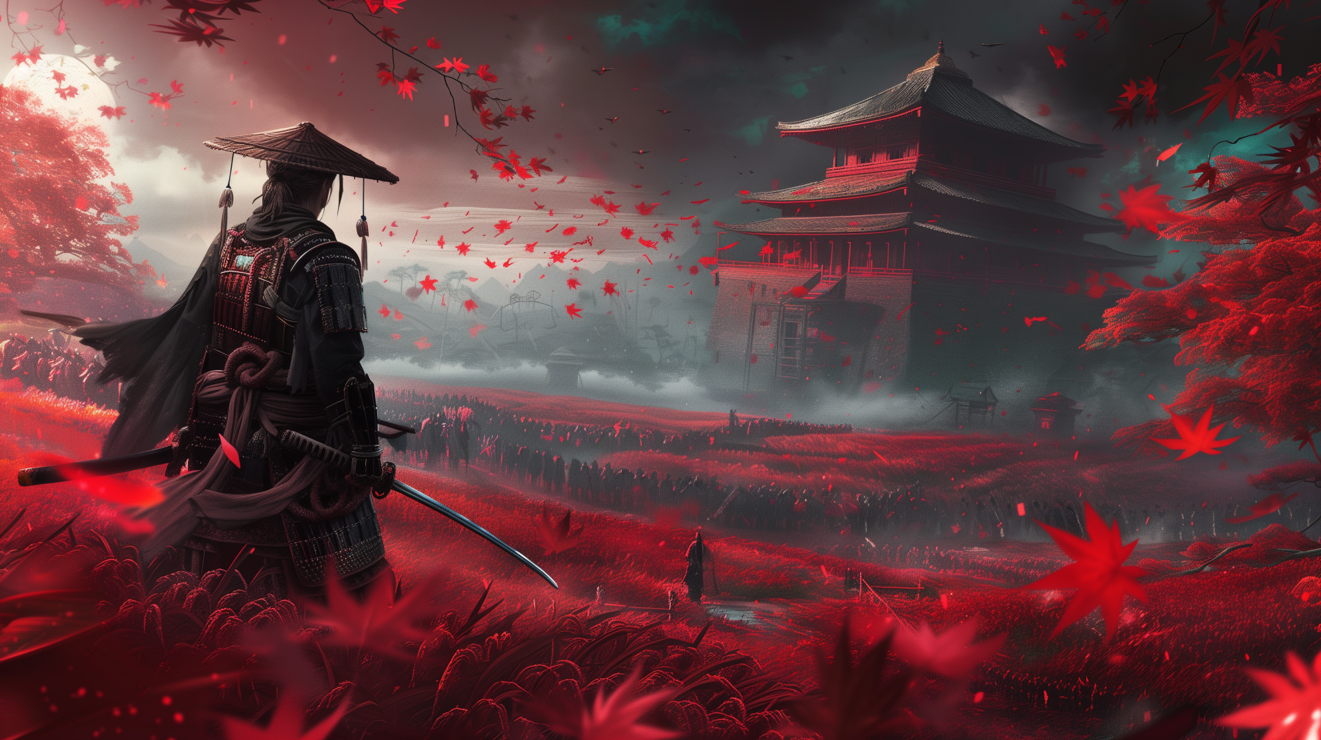 HD wallpaper of a scene from the video game Ghost of Tsushima featuring a samurai standing in a vivid red oriental landscape. The samurai overlooks a traditional building amidst falling red leaves.