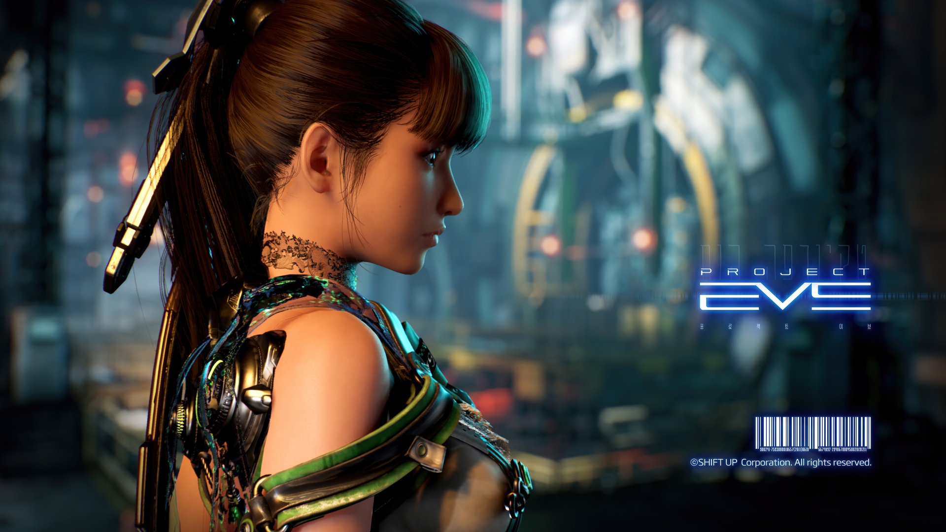 HD desktop wallpaper featuring a scene from the video game Stellar Blade, showcasing a character in a futuristic setting with the title Project EVE visible in the background.