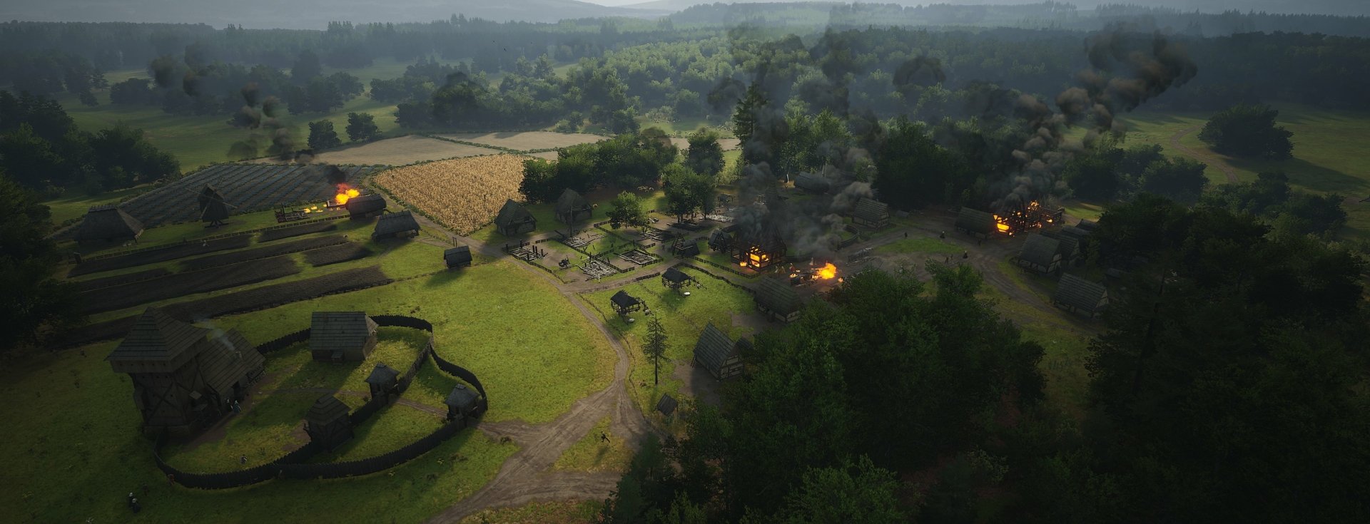 HD wallpaper of the video game 'Manor Lords' depicting a medieval village with burning houses and lush forests in the background.