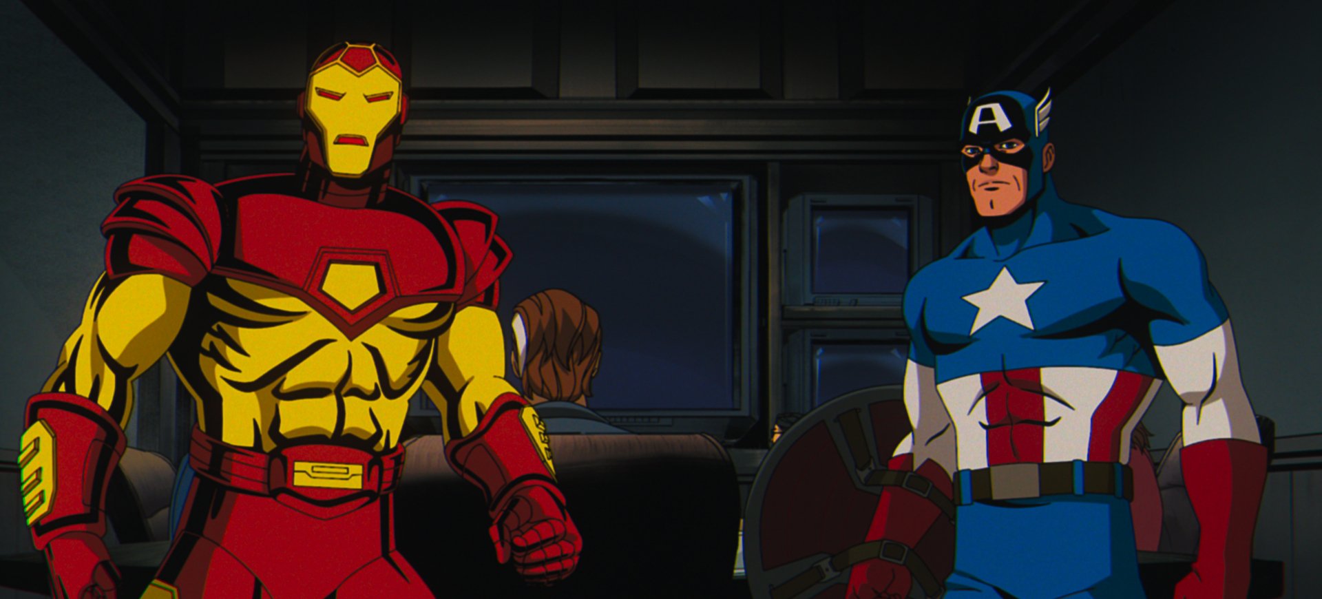 HD desktop wallpaper featuring Iron Man and Captain America from the TV show X-Men '97, captured in a dynamic scene.