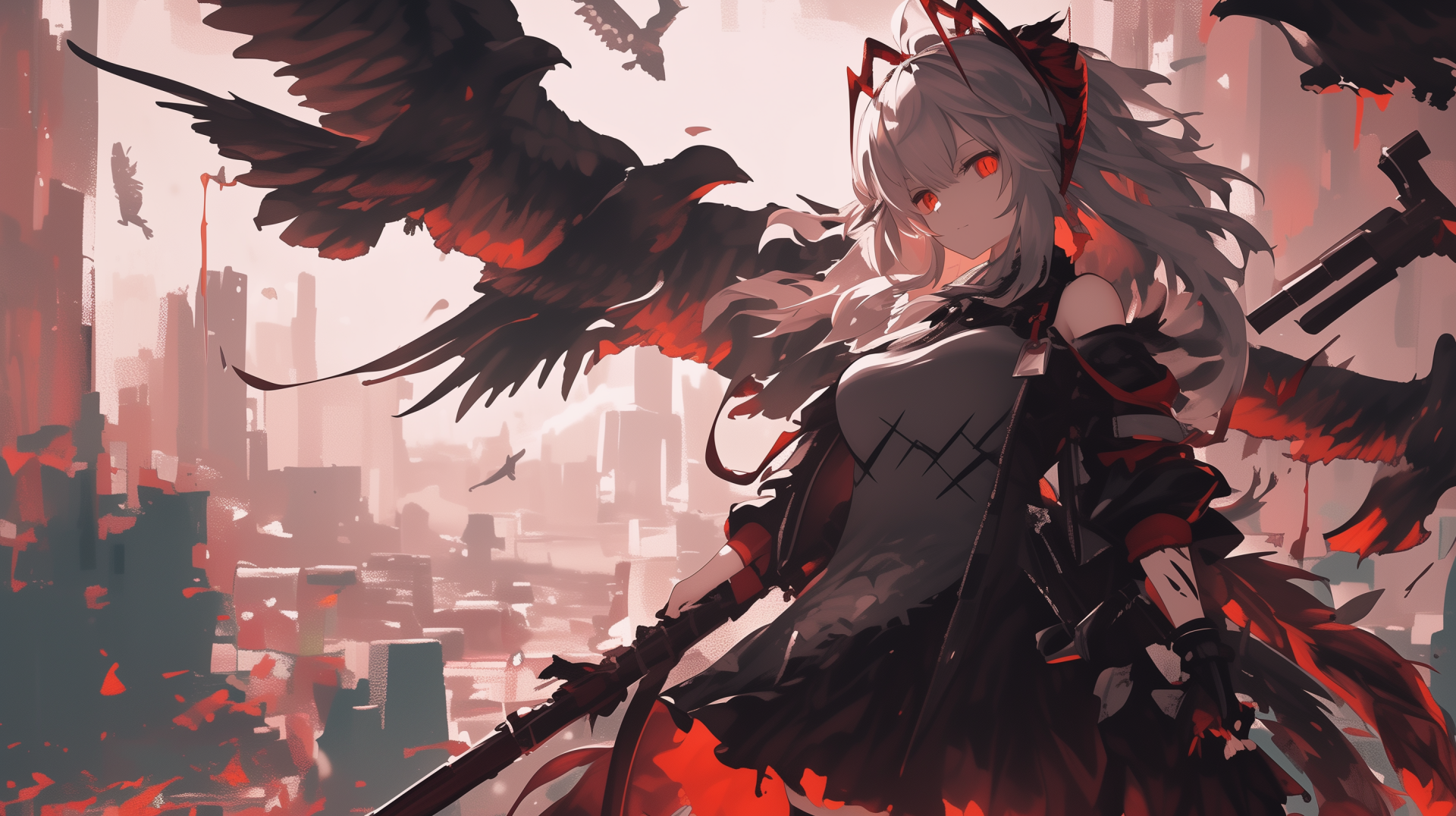 HD desktop wallpaper featuring an Arknights character with flowing hair and intense red eyes, surrounded by shadowy birds against a dramatic cityscape.