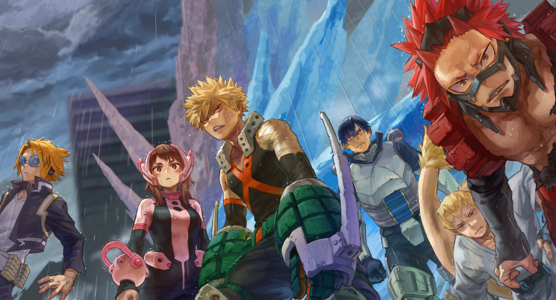 HD anime wallpaper featuring characters from My Hero Academia in a dynamic group pose with a dramatic, stormy background.