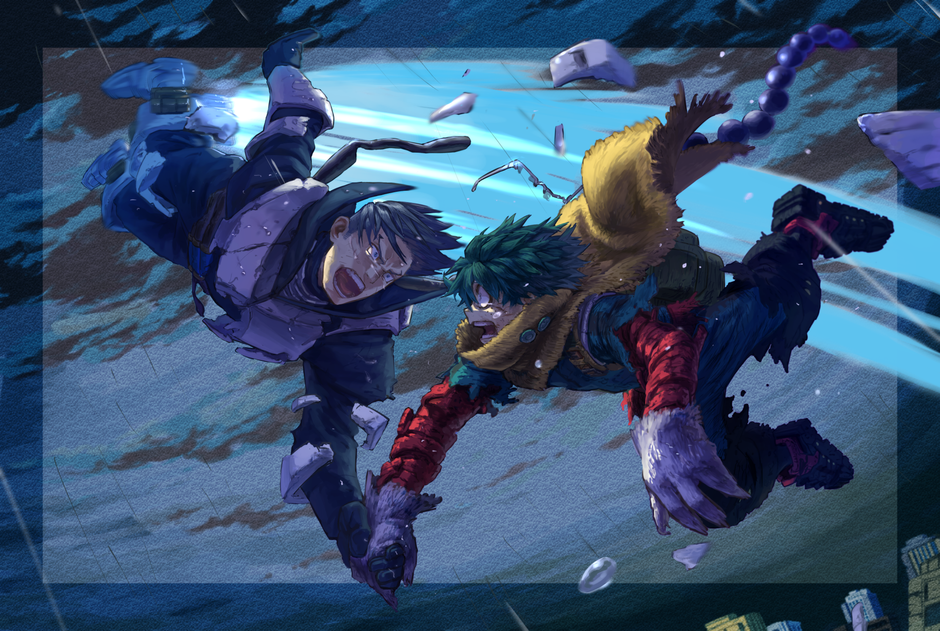4K Ultra HD anime wallpaper featuring Tenya Iida and Izuku Midoriya from My Hero Academia in dynamic action poses against a shattered background.