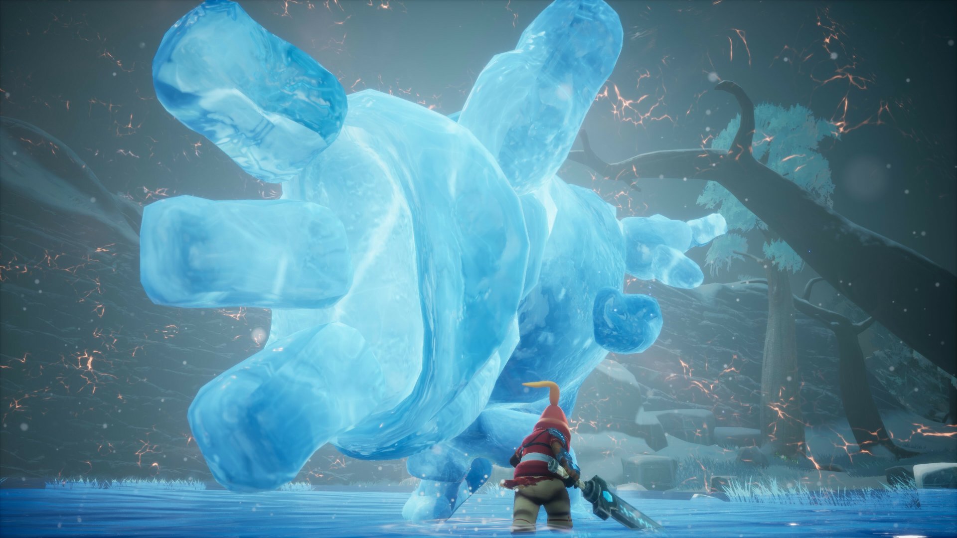 A character from Astor: Blade of the Monolith brandishes a sword and faces a massive icy creature in an HD video game wallpaper and background.