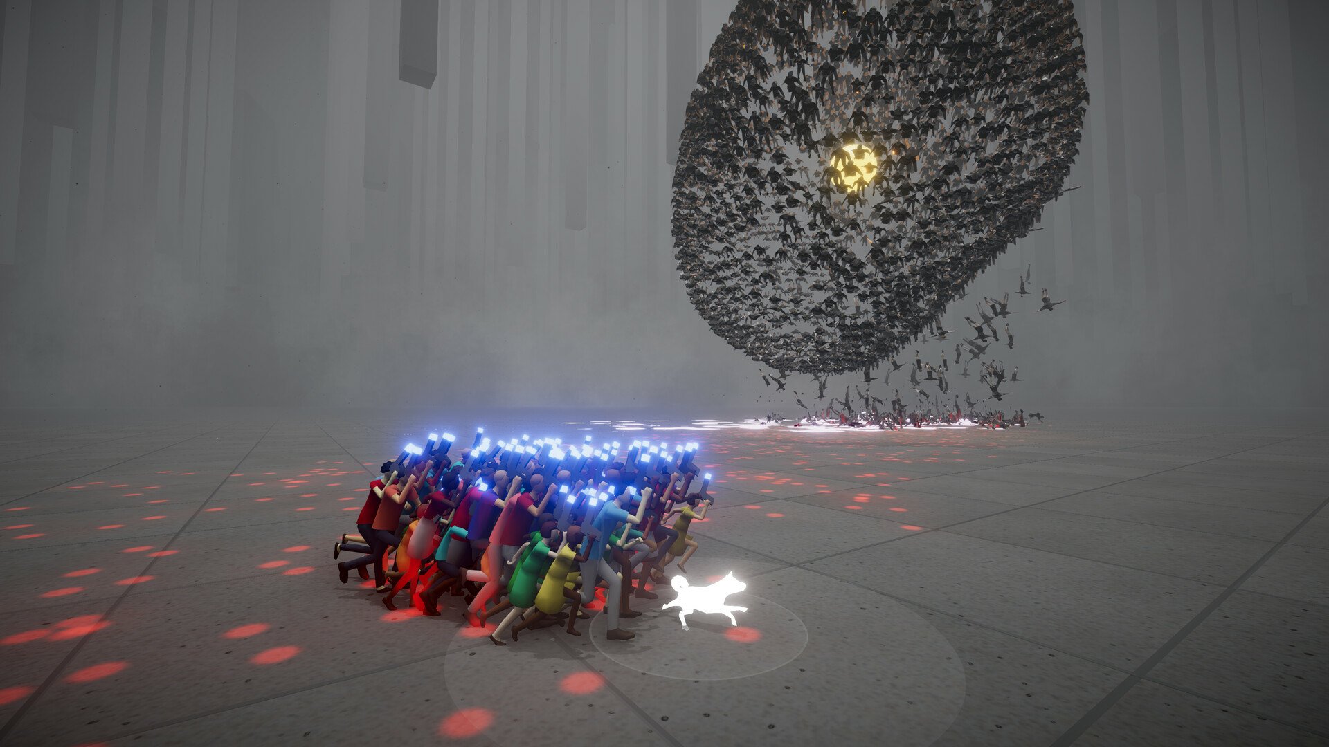 HD desktop wallpaper of the video game Humanity (2024), showcasing a group of brightly lit characters in a futuristic setting with a complex, abstract structure in the background.