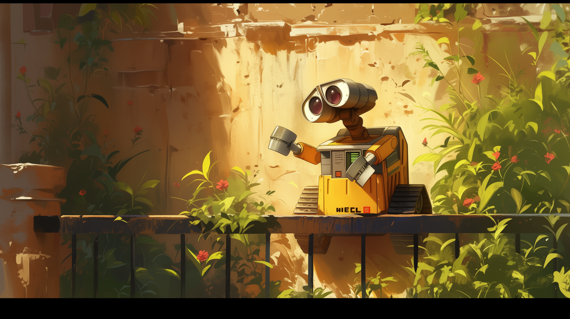 HD desktop wallpaper featuring the beloved character Wall·E from the movie Wall·E, set against a warm, sunlit backdrop with lush greenery and flowers.