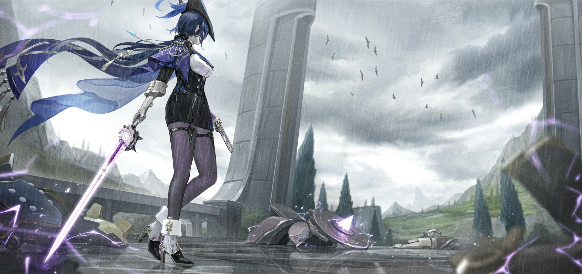 Clorinde from Genshin Impact stands with twin swords in a rainy landscape, detailed in 4K Ultra HD as a PC desktop wallpaper background.