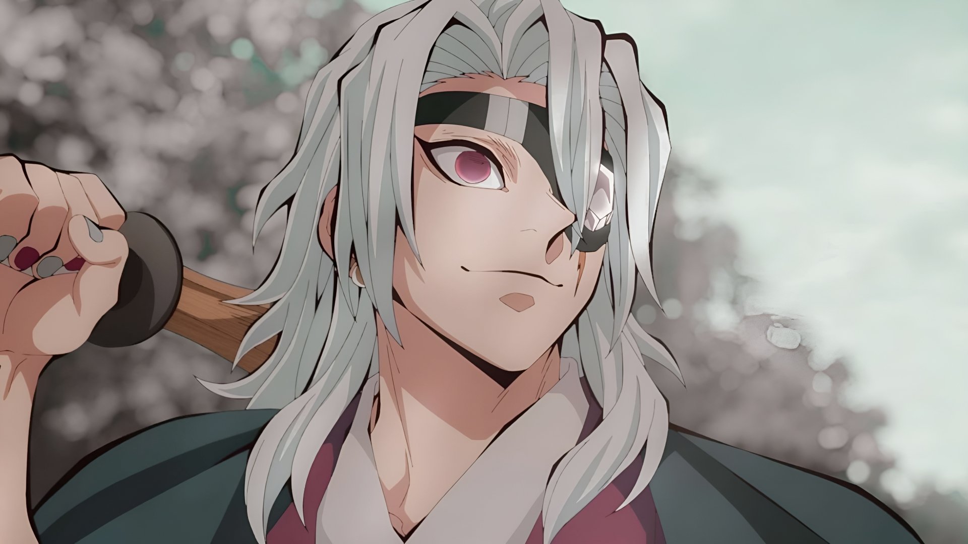 4K Ultra HD anime wallpaper featuring Tengen Uzui from Demon Slayer: Kimetsu no Yaiba, showcasing his distinct white hair and headband in a detailed close-up.