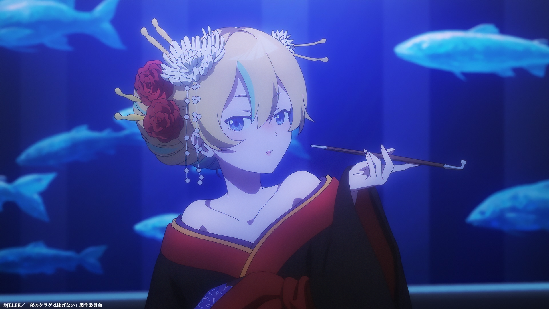 HD desktop wallpaper from the Anime Jellyfish Can’t Swim in the Night, featuring a character with a traditional hairstyle and accessory, holding a pipe, against a backdrop of glowing aquatic life.