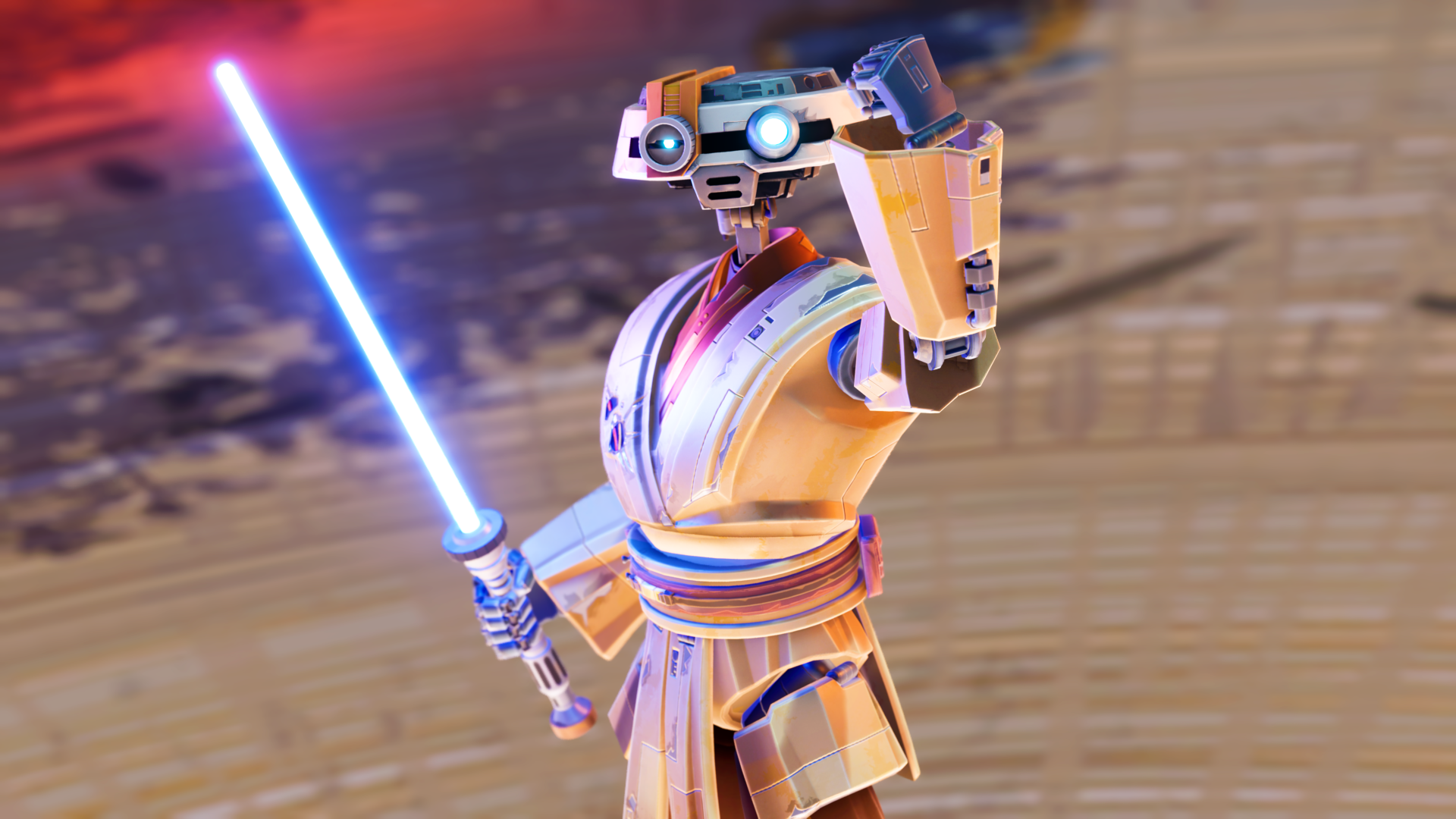 HD desktop wallpaper featuring a character from the video game Star Wars: Hunters. The robotic figure is dressed as a Jedi, holding a blue lightsaber, set against a vibrant background.