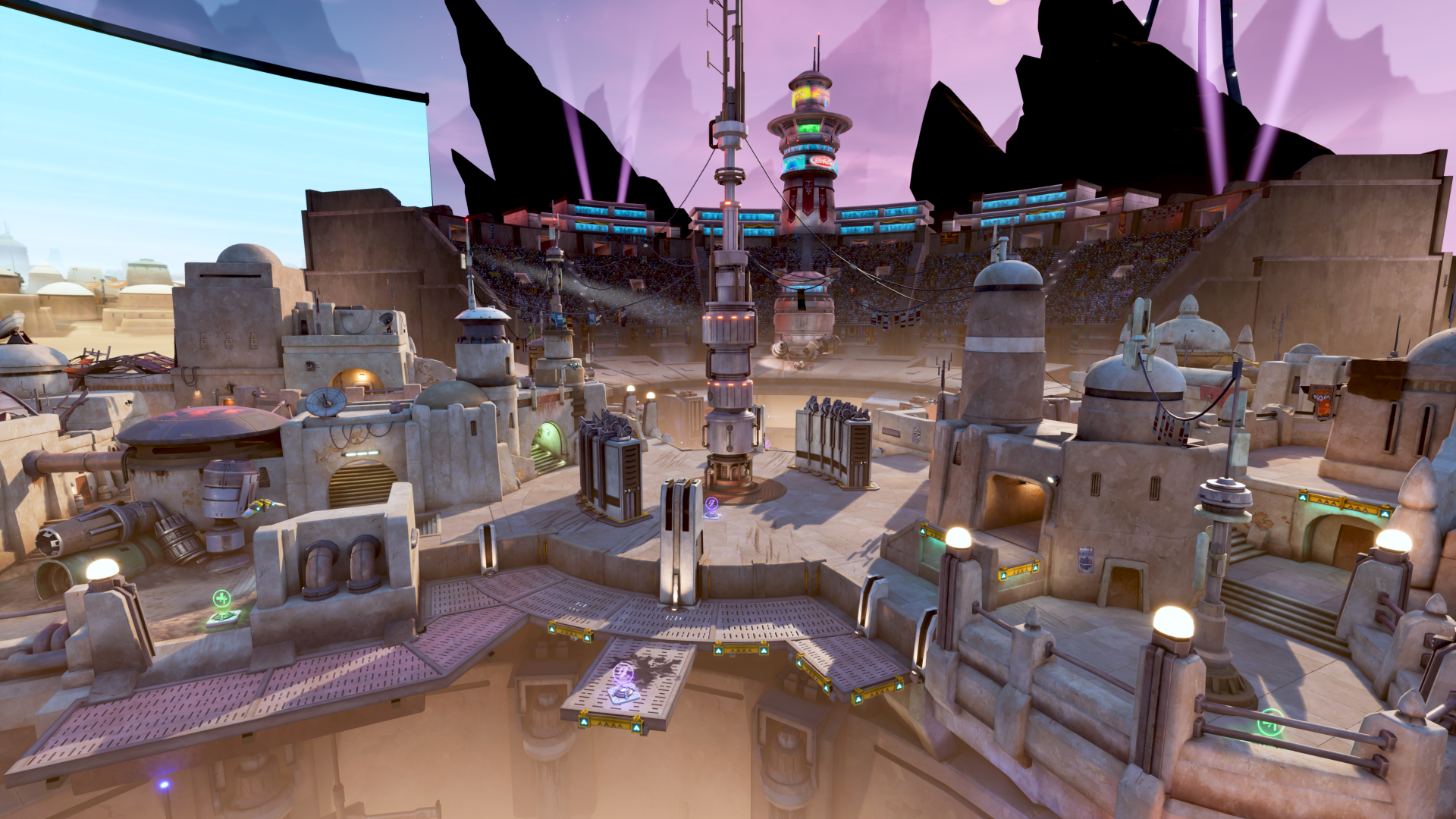 HD desktop wallpaper and background image from the video game Star Wars: Hunters, depicting a futuristic desert cityscape with advanced architecture and vibrant lighting.