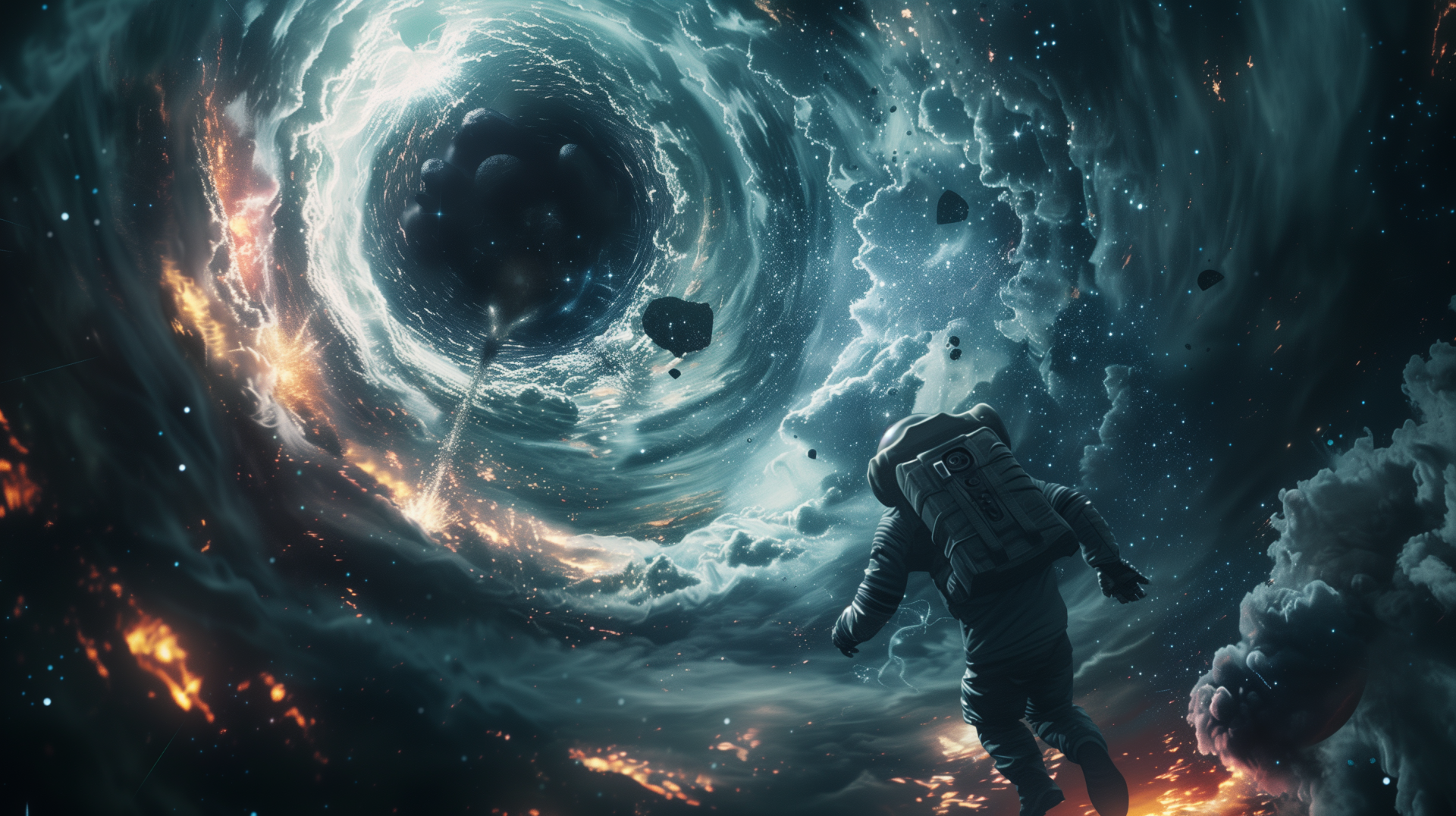 An HD sci-fi desktop wallpaper showing an astronaut floating near a black hole amidst the dynamic and colorful cosmos.