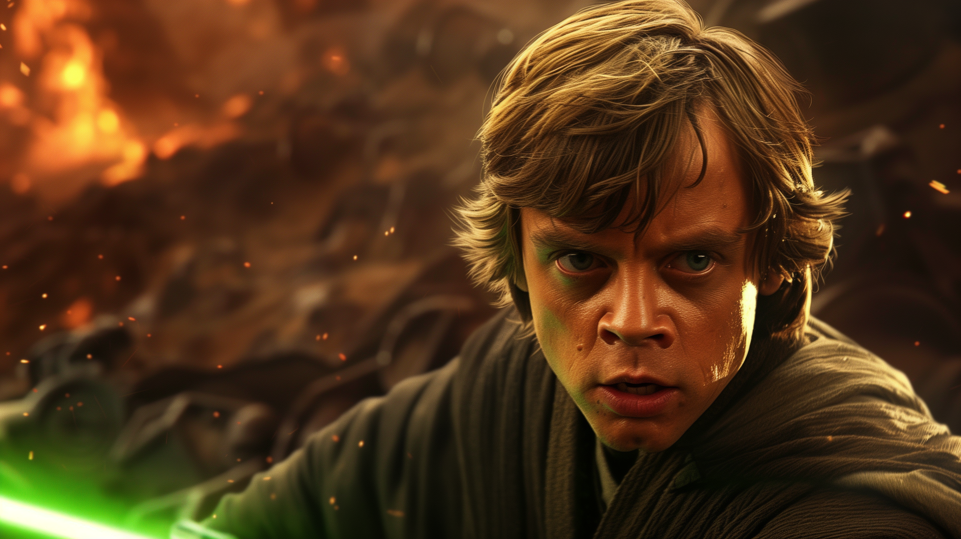 HD desktop wallpaper featuring Mark Hamill as Luke Skywalker in a dramatic Star Wars scene, holding a green lightsaber with an intense expression amidst a fiery, battle-torn background.