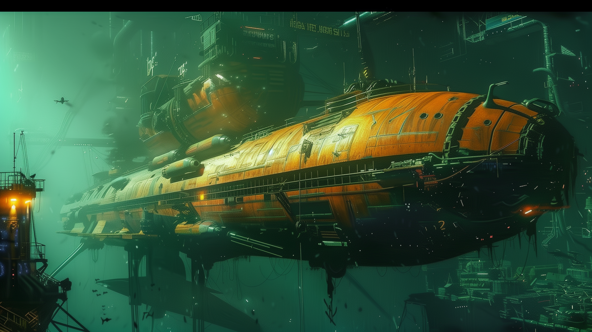 HD desktop wallpaper featuring a futuristic cyberpunk submarine submerged underwater, bathed in a greenish hue.