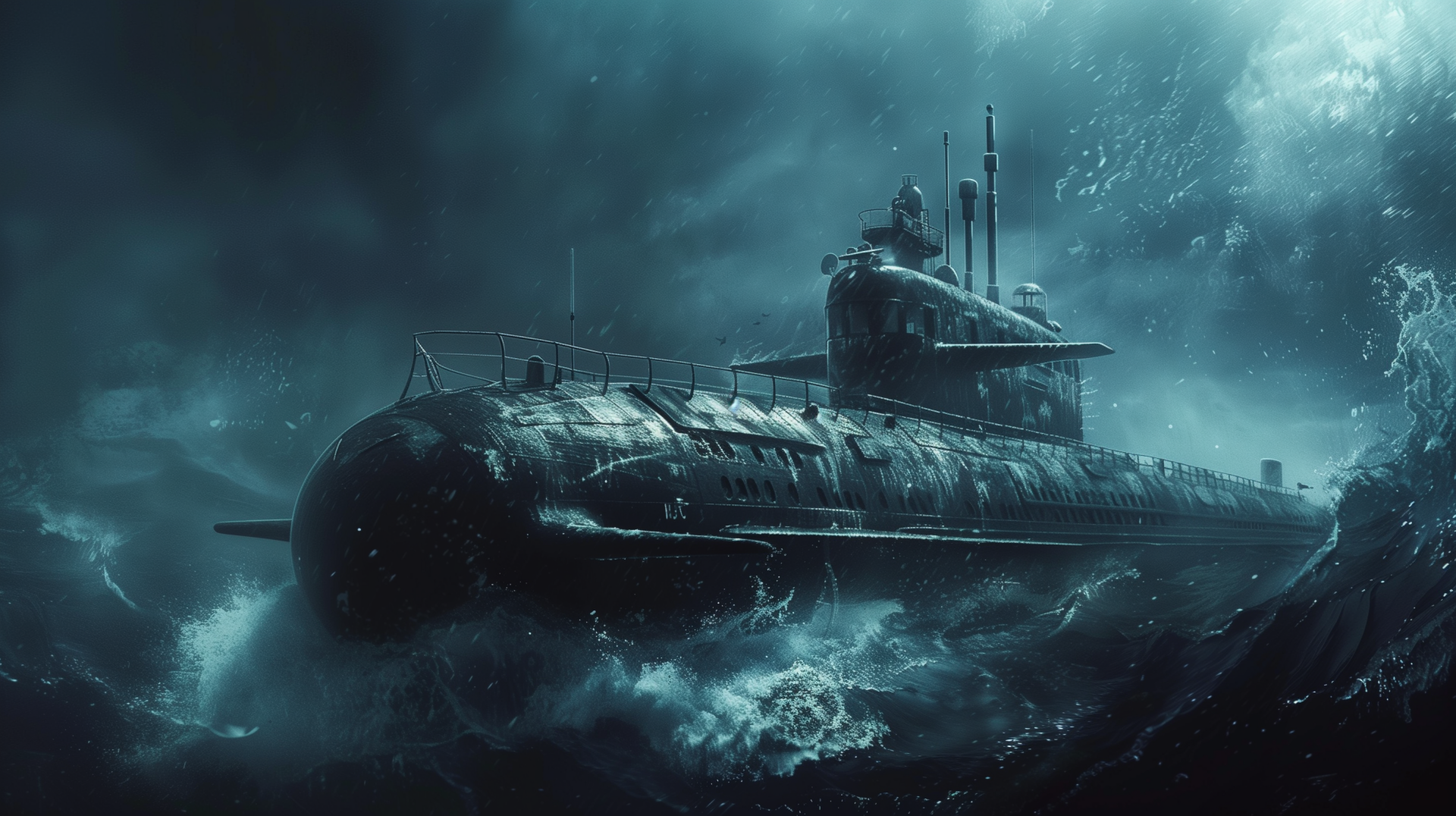 A high-definition desktop wallpaper featuring a military submarine navigating rough seas, showcasing an intense and dramatic maritime scene.