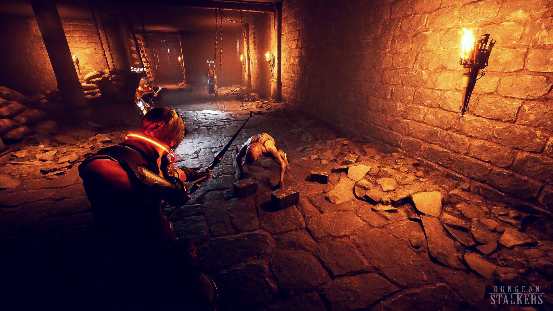 A high-definition wallpaper featuring a scene from the video game Dungeon Stalkers, showing characters in a dimly lit dungeon environment with torches illuminating the stone walls.
