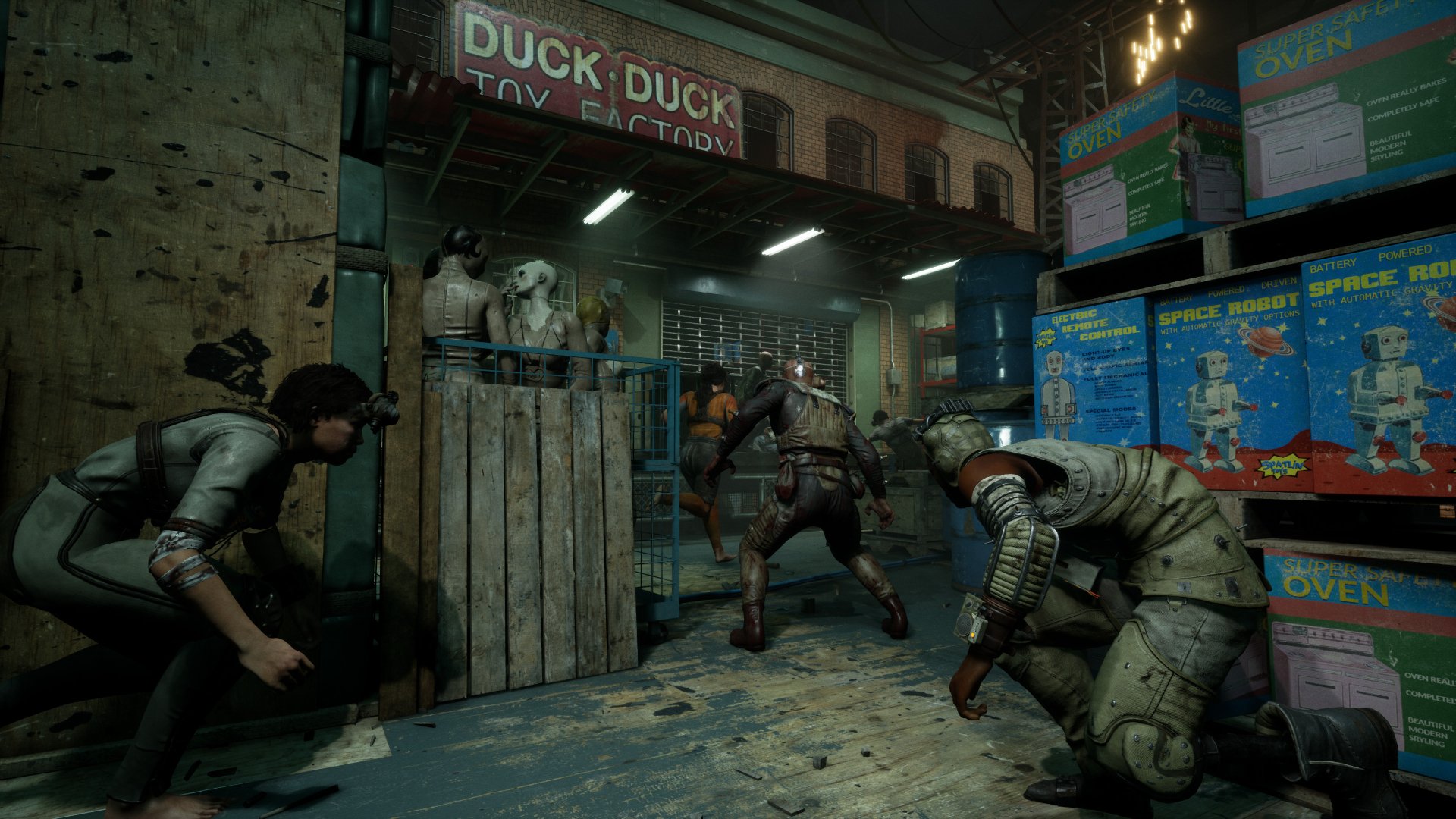 HD wallpaper from The Outlast Trials video game, depicting characters in a tense confrontation in a gritty toy factory setting, with Duck Duck Toy Factory signage in the background.
