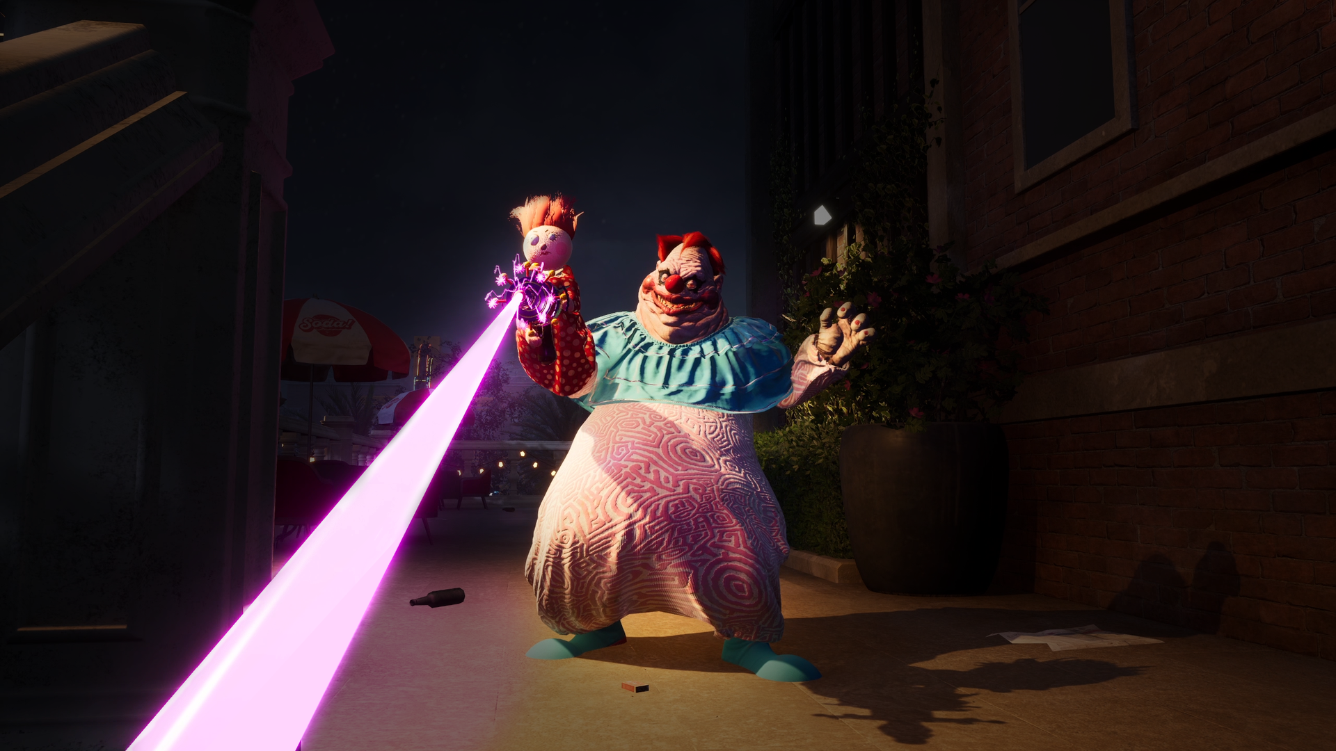 HD desktop wallpaper of a scene from Killer Klowns from Outer Space: The Game, featuring a menacing clown shooting a pink laser in a dark, eerie setting.