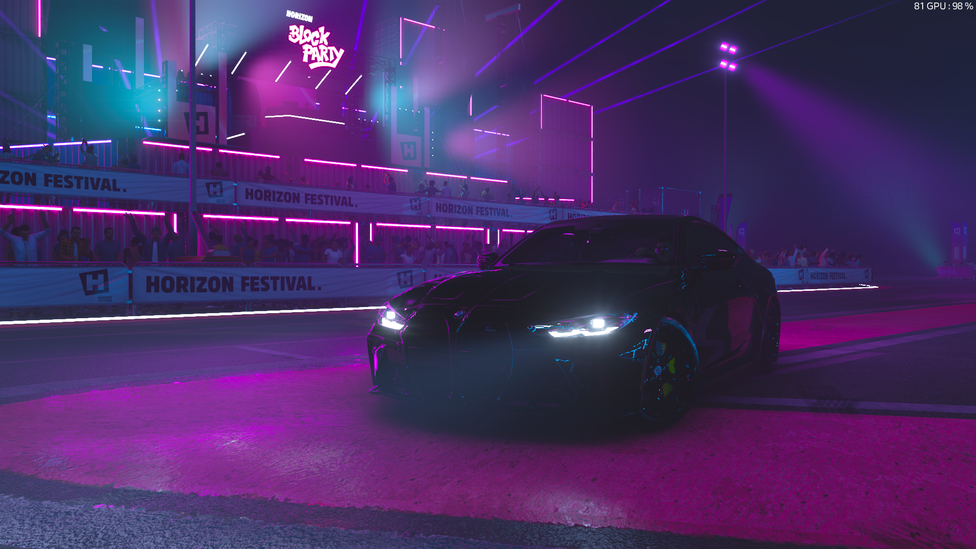 HD PC desktop wallpaper featuring a purple BMW M4 racing in Forza Horizon 5 with neon lights and a vibrant Horizon Festival backdrop.