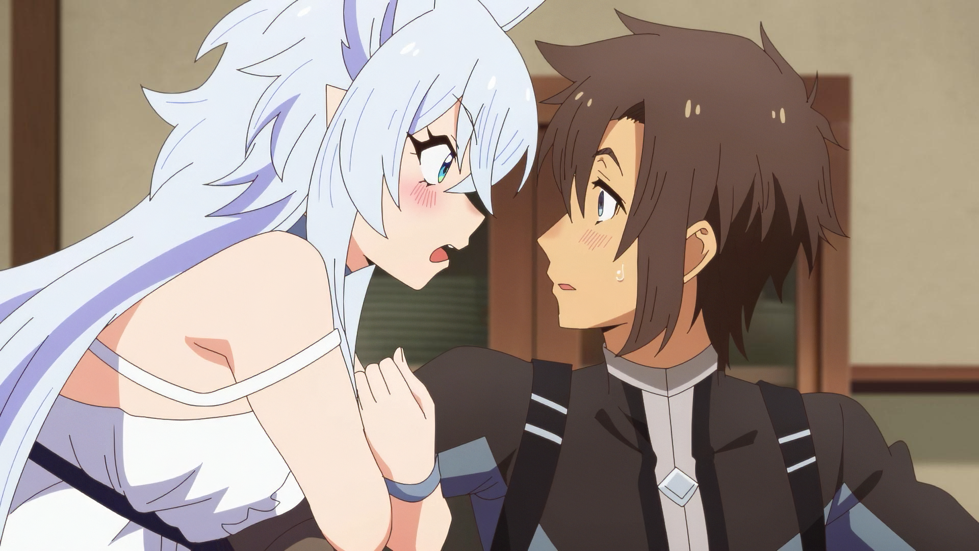 HD desktop wallpaper featuring characters from the anime Chillin' in Another World with Level 2 Super Cheat Powers, with a close-up of two characters in an intense moment.