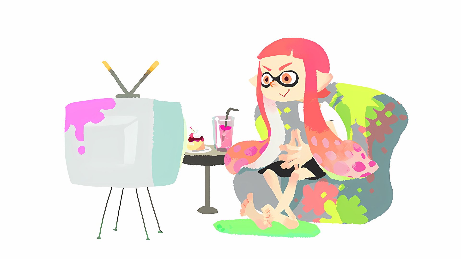 4K Ultra HD Splatoon wallpaper featuring a pink-haired Inkling relaxing on a colorful couch, watching TV with dessert and a drink on a side table.