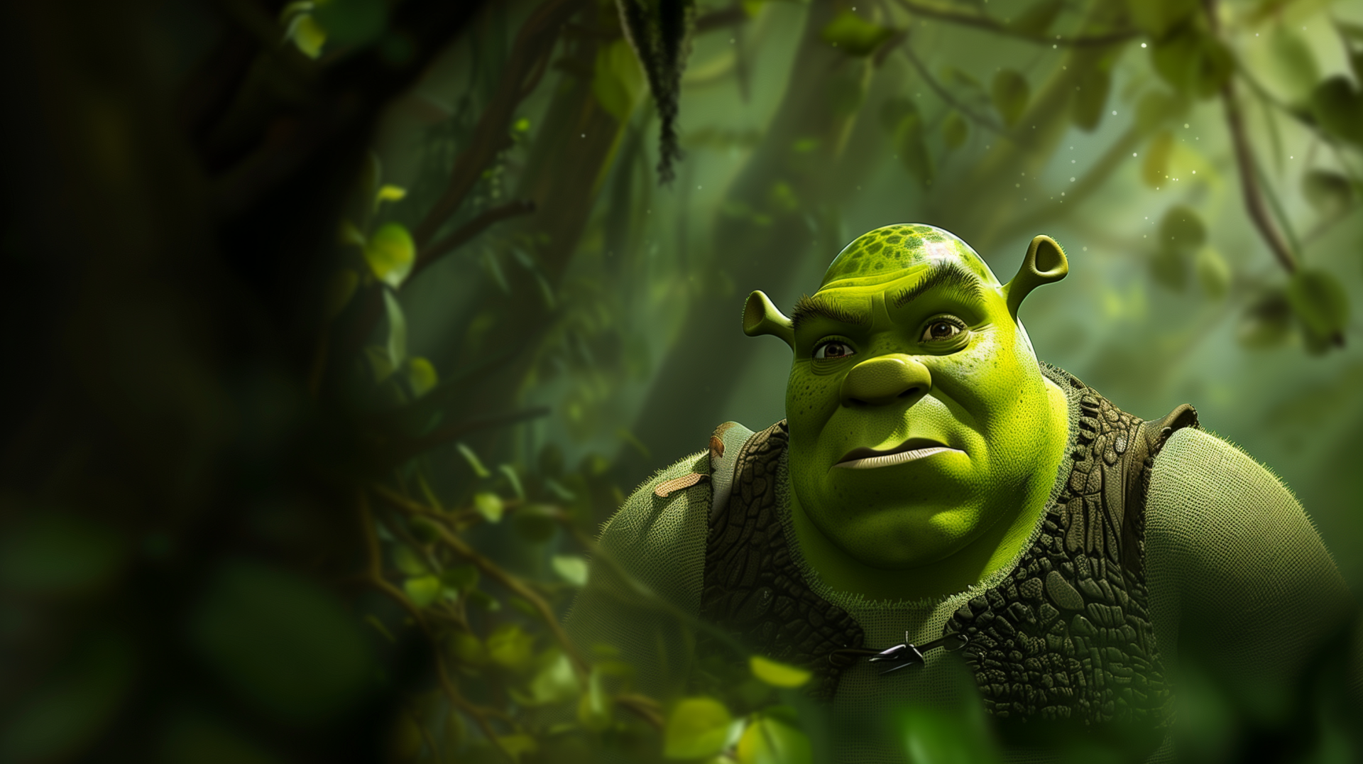 HD desktop wallpaper featuring Shrek, the ogre character from the movie, standing in a lush, green forest with a thoughtful expression on his face.