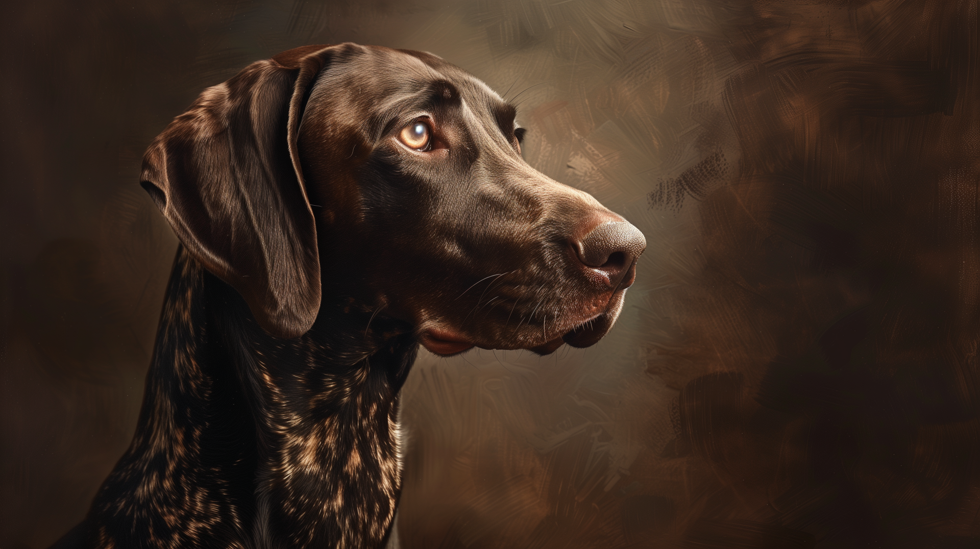 HD portrait wallpaper of a German Shorthaired Pointer dog, showcasing its determined gaze against a softly textured, dark brown background.