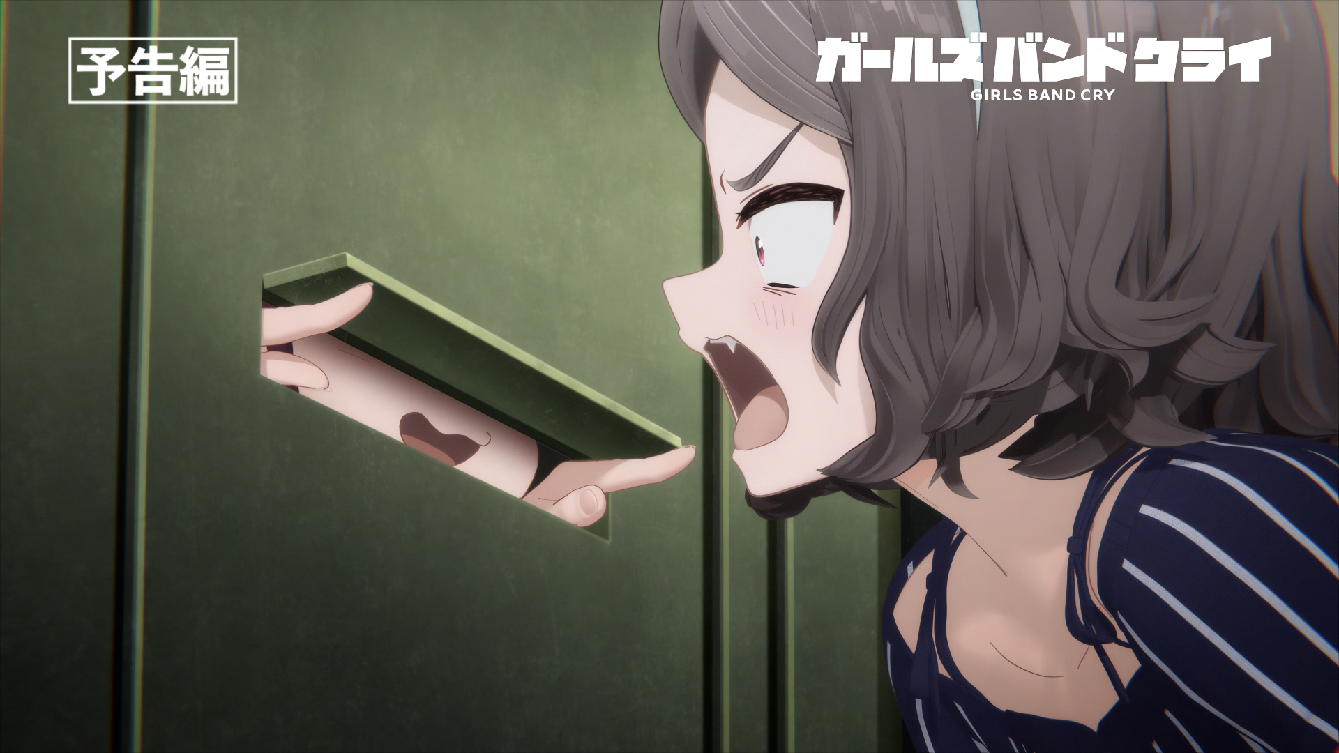 HD desktop wallpaper featuring an intense scene from the anime Girls Band Cry with a girl reacting strongly to an arm reaching through a door slit.
