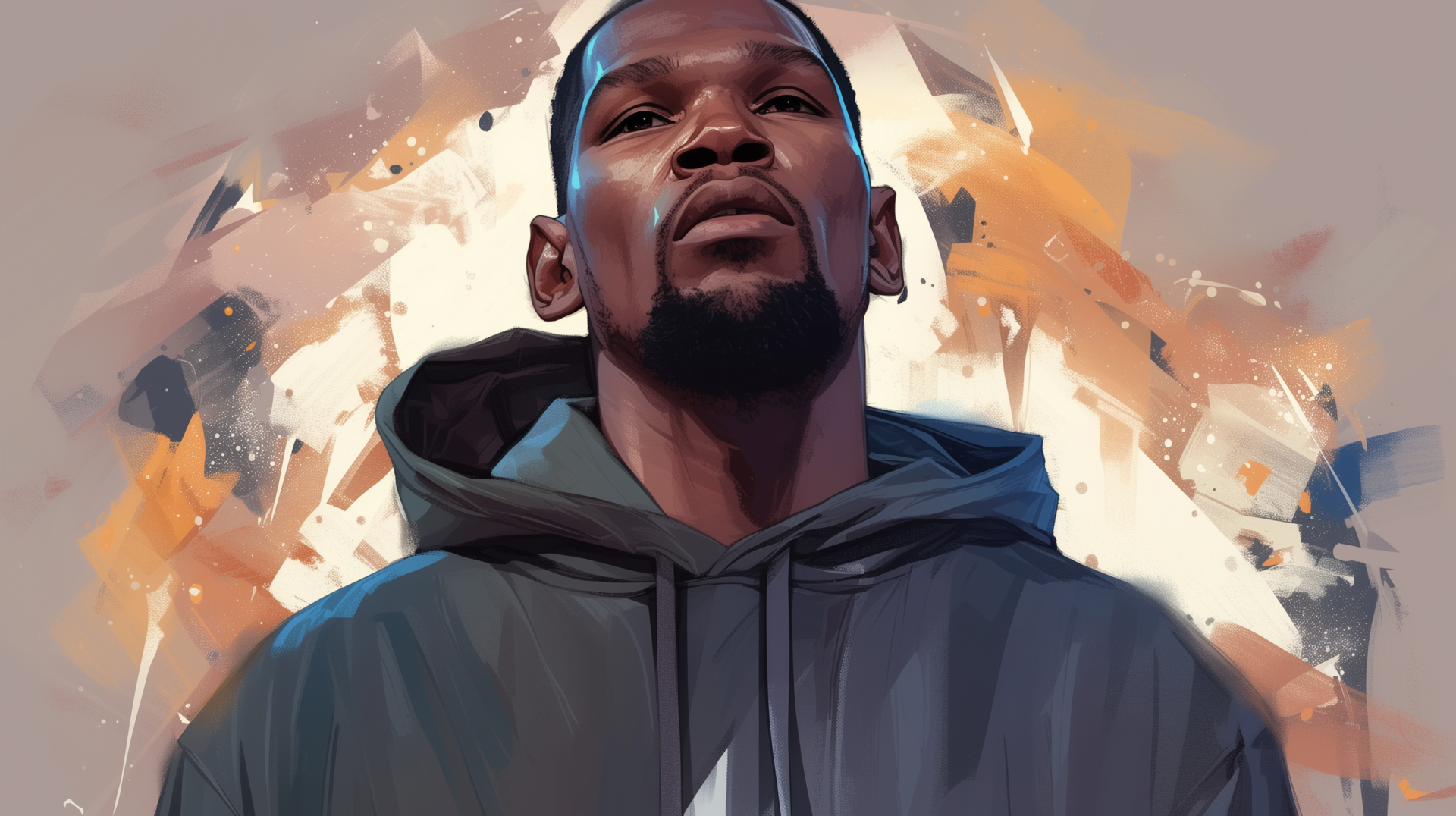 HD desktop wallpaper and background featuring Kevin Durant in a hoodie, with an abstract artistic backdrop.