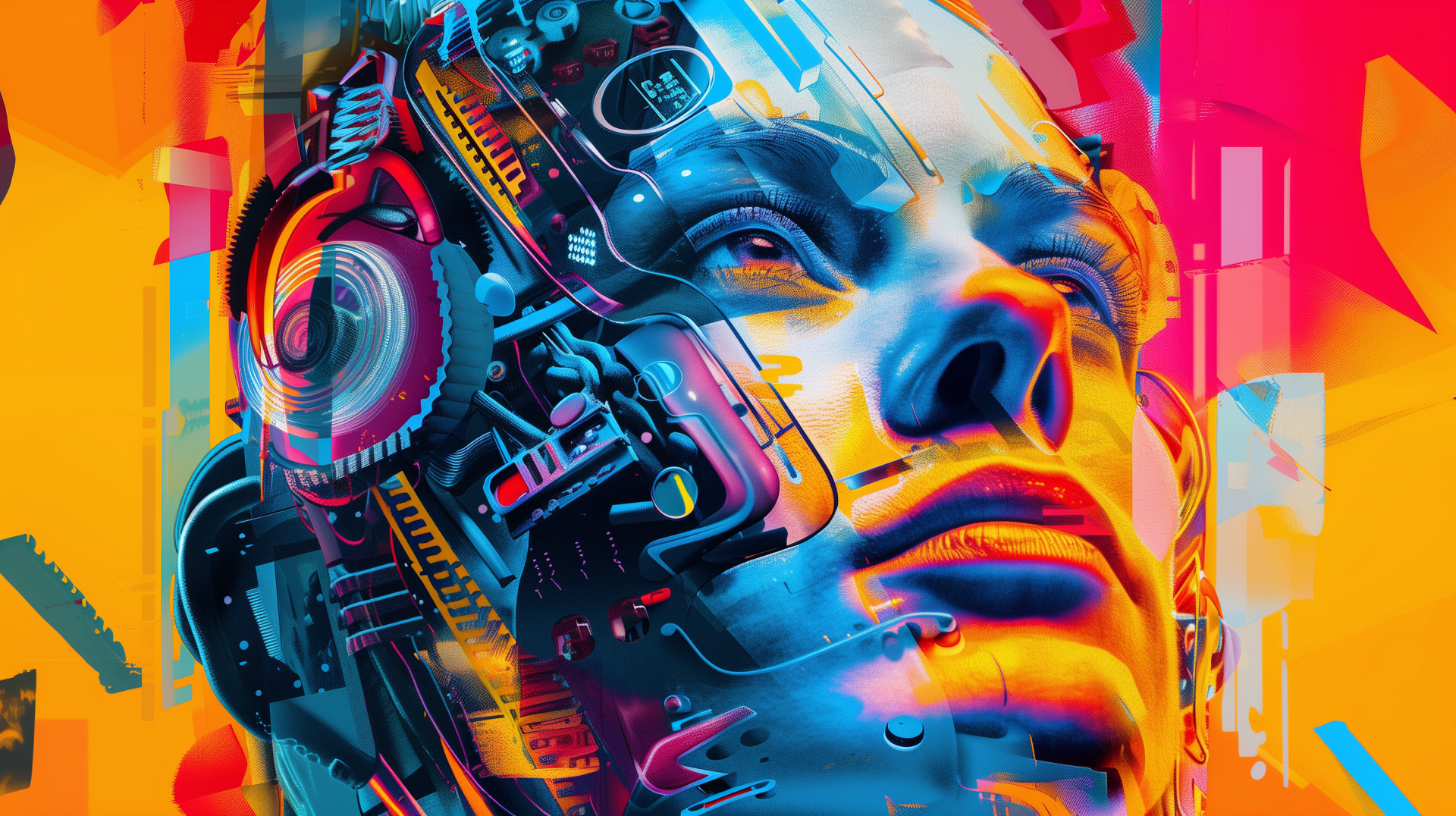 HD artistic sci-fi wallpaper and background featuring a futuristic, cybernetic face with vibrant, colorful elements integrated into its design.
