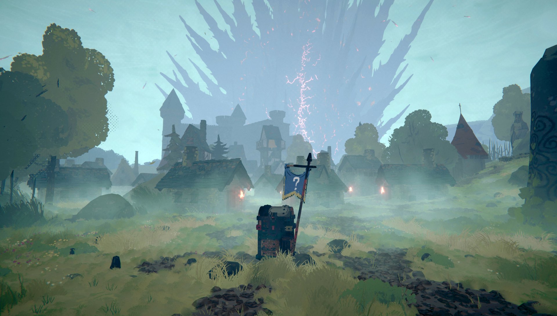 HD desktop wallpaper and background from the video game Tears of Metal featuring a misty village with a large energy explosion in the sky.