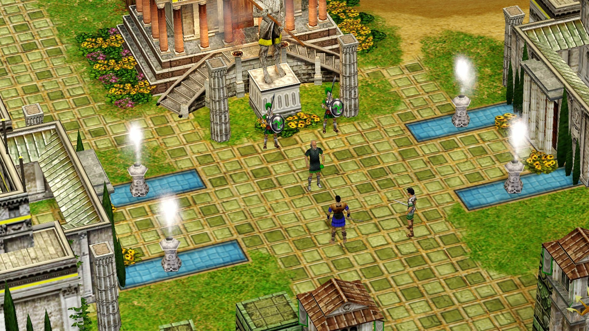 HD desktop wallpaper and background from the video game Age of Mythology: Retold, depicting an ancient Greek cityscape with characters positioned near a temple and fountains.