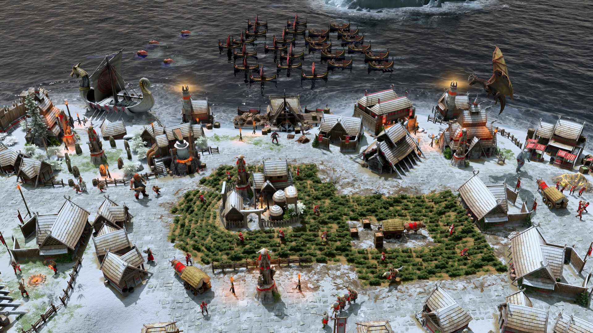 HD desktop wallpaper featuring a detailed village scene from the video game Age of Mythology: Retold, showing various structures, ships on water, and characters engaging in everyday activities.
