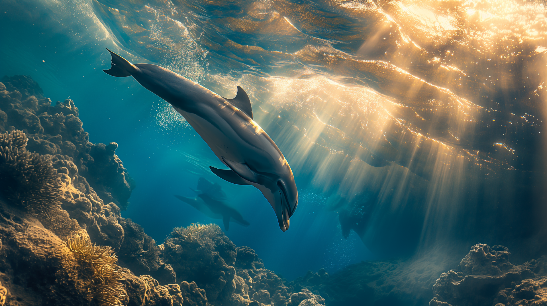 HD PC desktop wallpaper showing a dolphin swimming underwater with sunlight streaming through the water above coral reefs.
