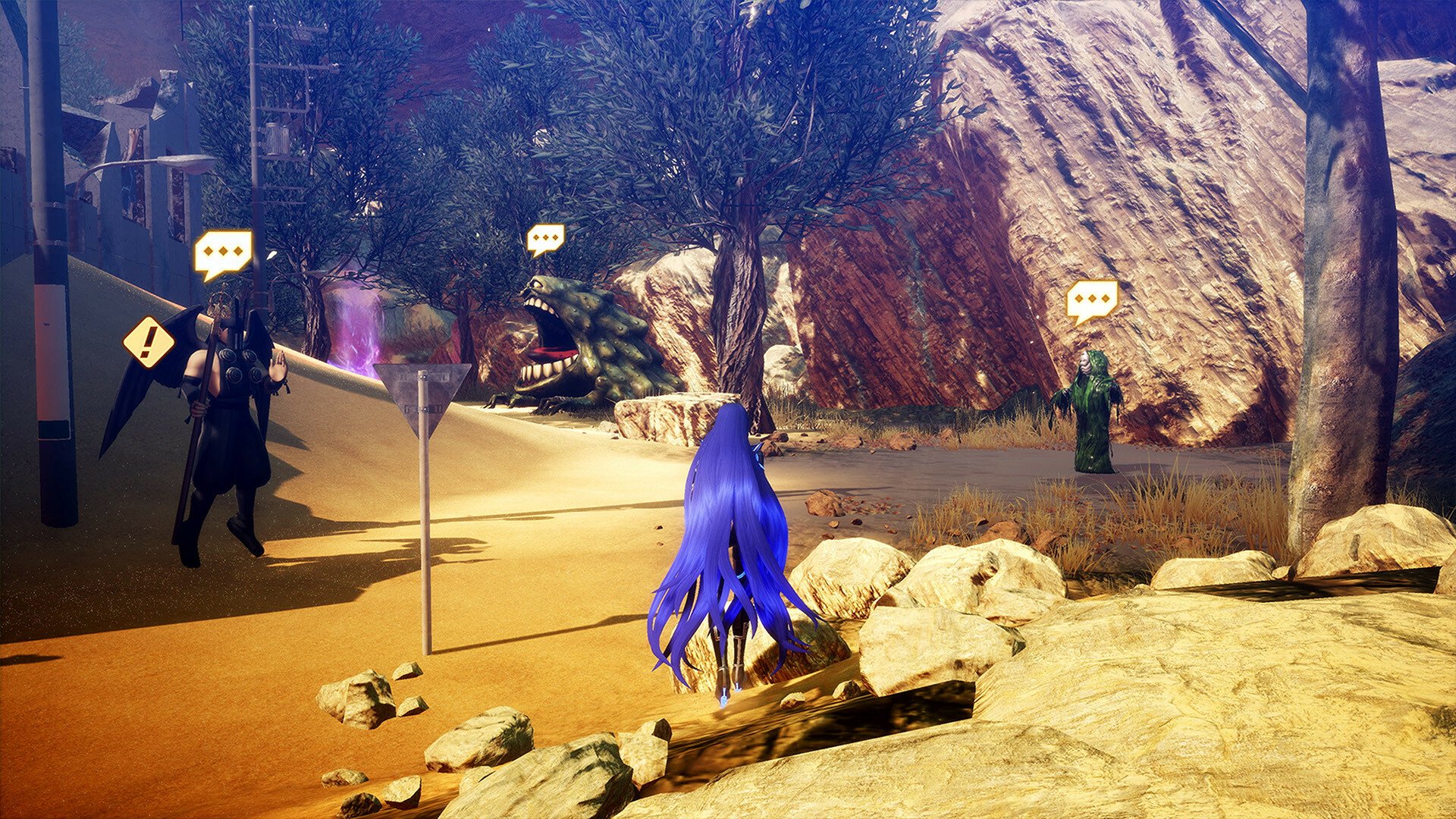 A HD desktop wallpaper and background featuring characters from the video game Shin Megami Tensei V: Vengeance, set in a desert landscape with cliffs and interaction icons above the characters.