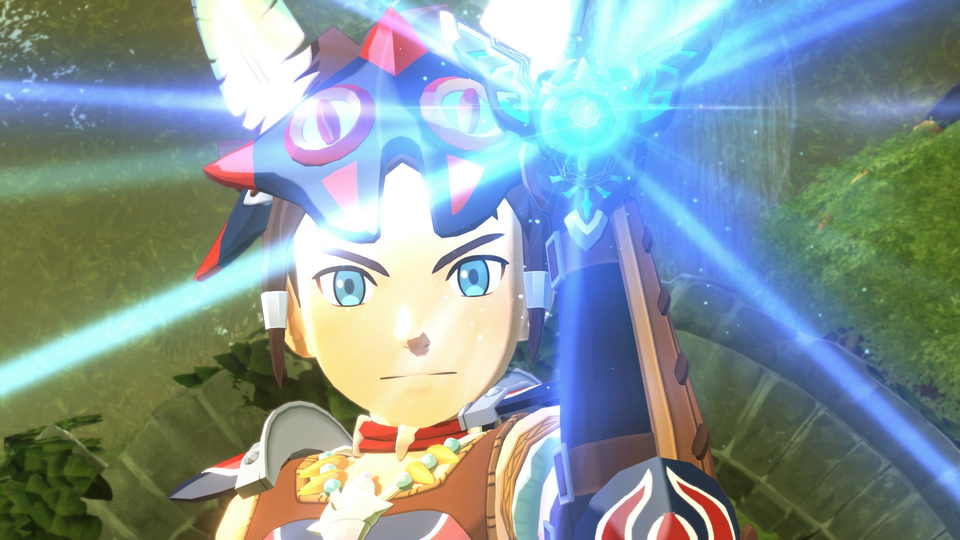 A high-definition desktop wallpaper featuring a character from the video game Monster Hunter Stories 2: Wings of Ruin, depicted with a glowing blue weapon and intense expression.