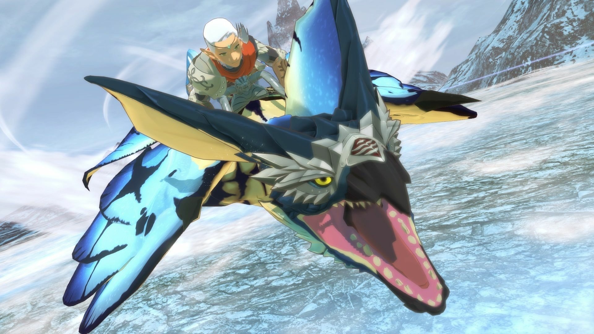 HD desktop wallpaper of Monster Hunter Stories 2: Wings of Ruin, featuring a rider on a fierce, blue-winged monster soaring over an icy landscape.