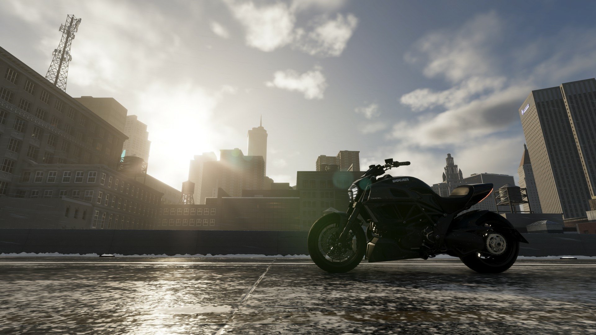 HD PC desktop wallpaper featuring a motorcycle silhouette against a city skyline at sunrise, themed on The Crew and The Crew 2 by Ubisoft.