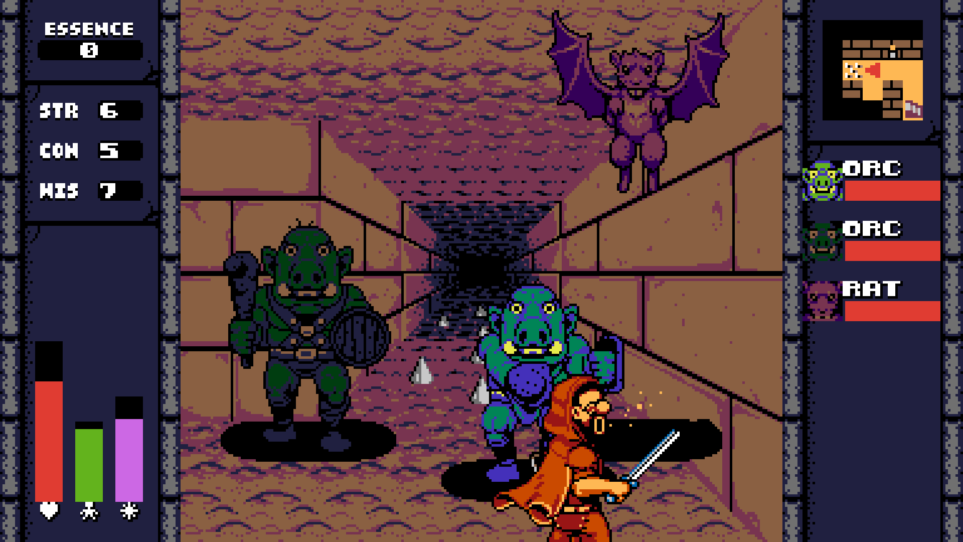 HD desktop wallpaper of the video game UFO 50, featuring a pixel art dungeon scene with an adventurer, orcs, and a bat-like creature. Stats and character icons frame the sides of the image for a retro gaming vibe.
