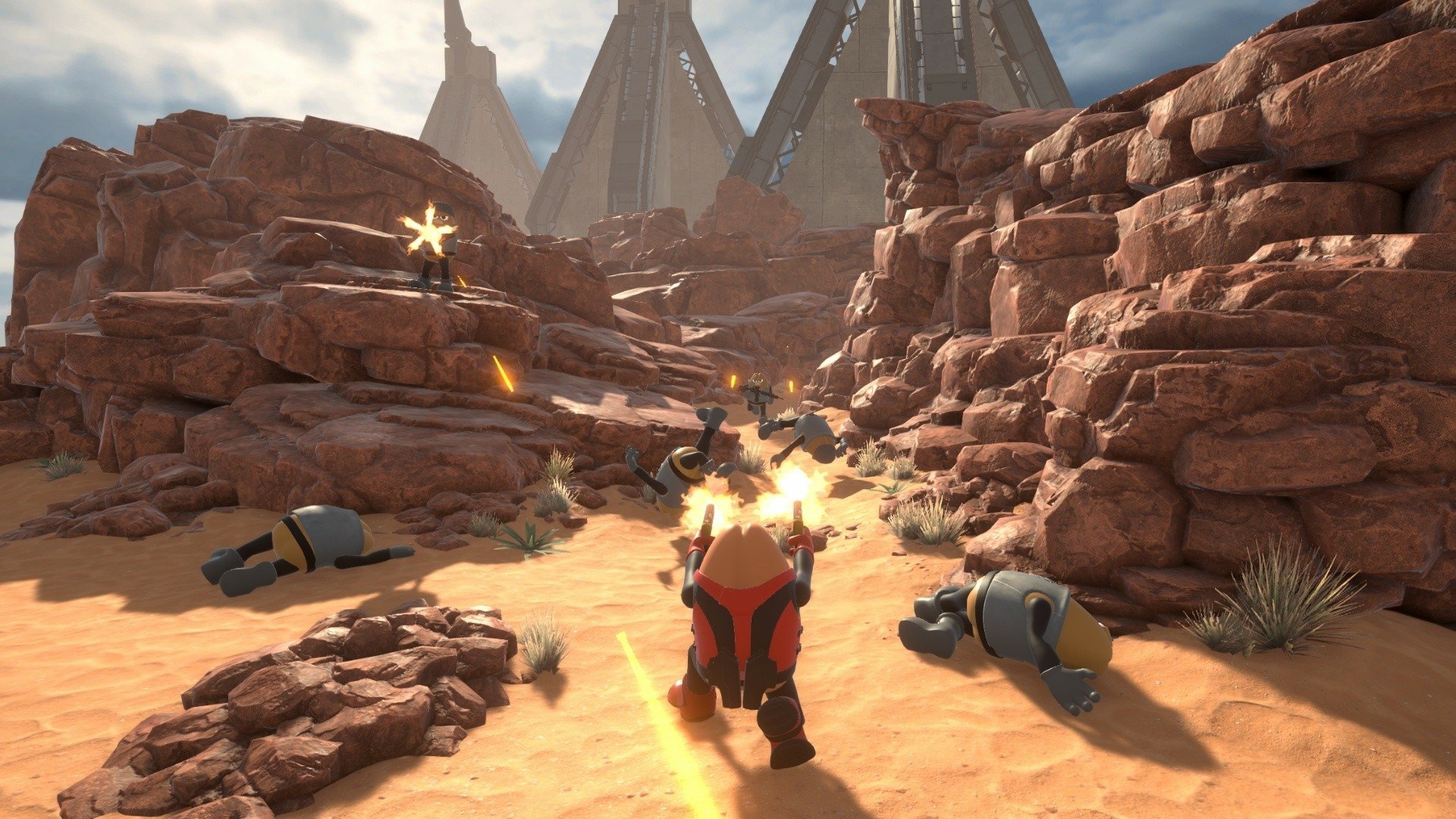 HD desktop wallpaper and background featuring a scene from the video game Killer Bean, showcasing an intense battle amidst rocky terrain with a character shooting at enemies.