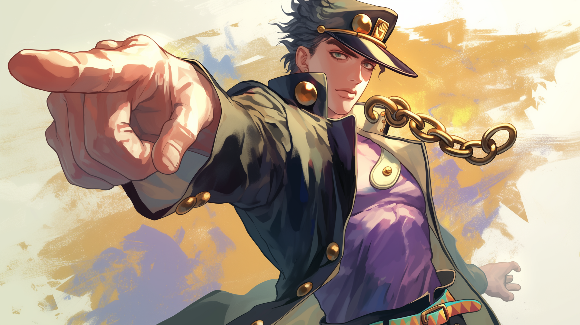 HD wallpaper featuring Jotaro Kujo from the anime Jojo's Bizarre Adventure, with a dynamic pose and vivid background colors.