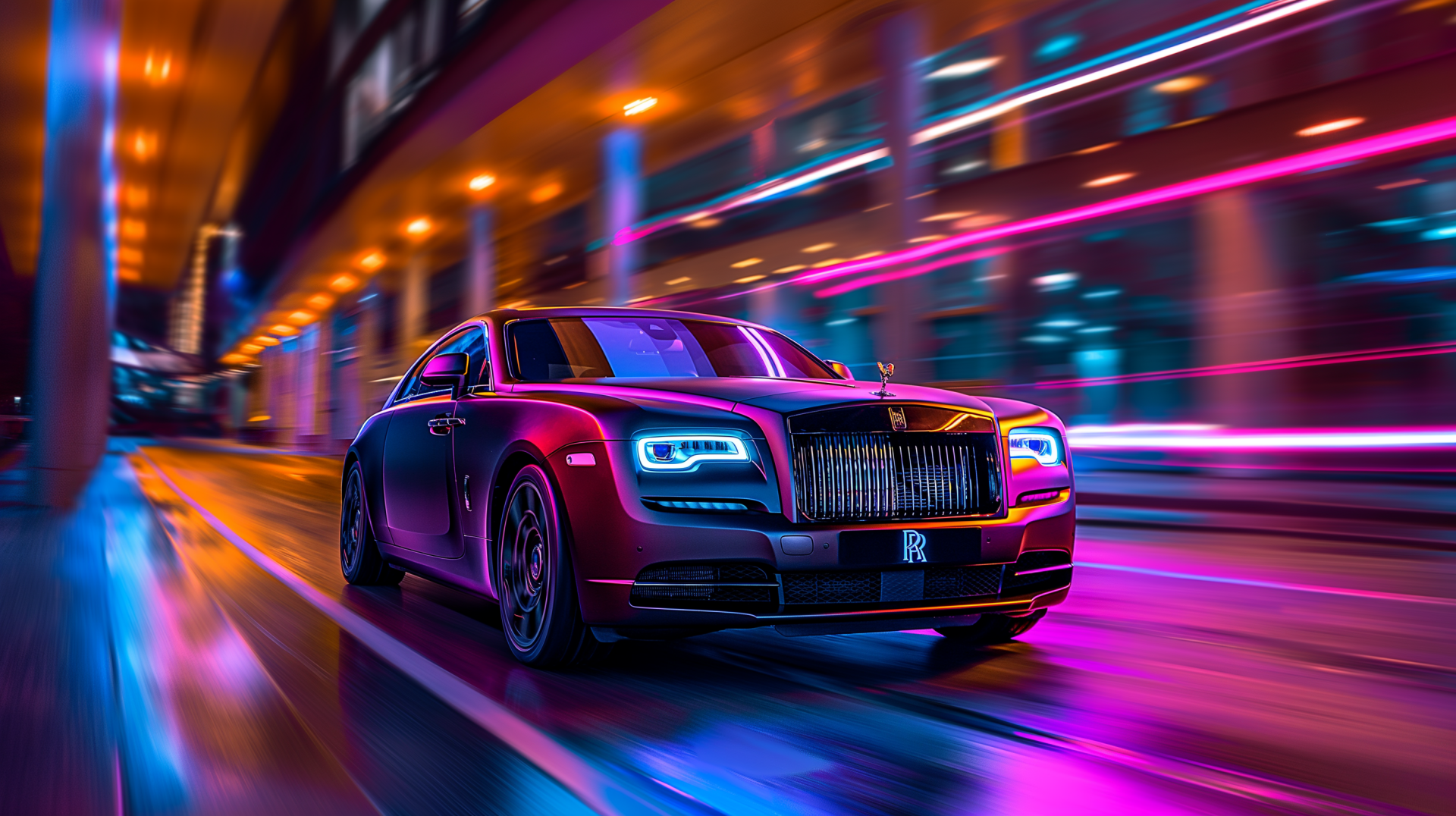 HD desktop wallpaper featuring a sleek Rolls-Royce Spectre driving through a vibrant, neon-lit cityscape at night.