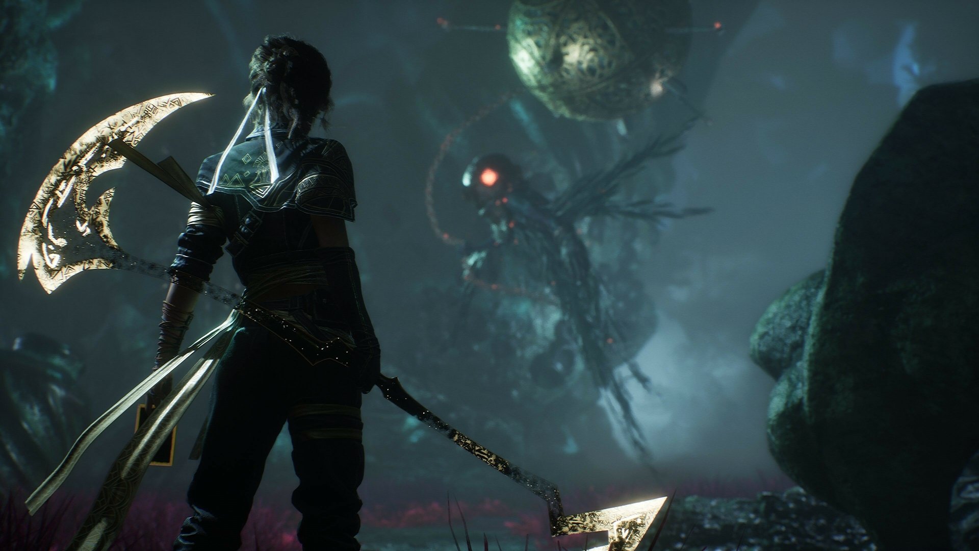 4K Ultra HD desktop wallpaper from the video game Clair Obscur: Expedition 33, featuring a silhouetted warrior facing a mechanical creature in a dark, atmospheric environment.