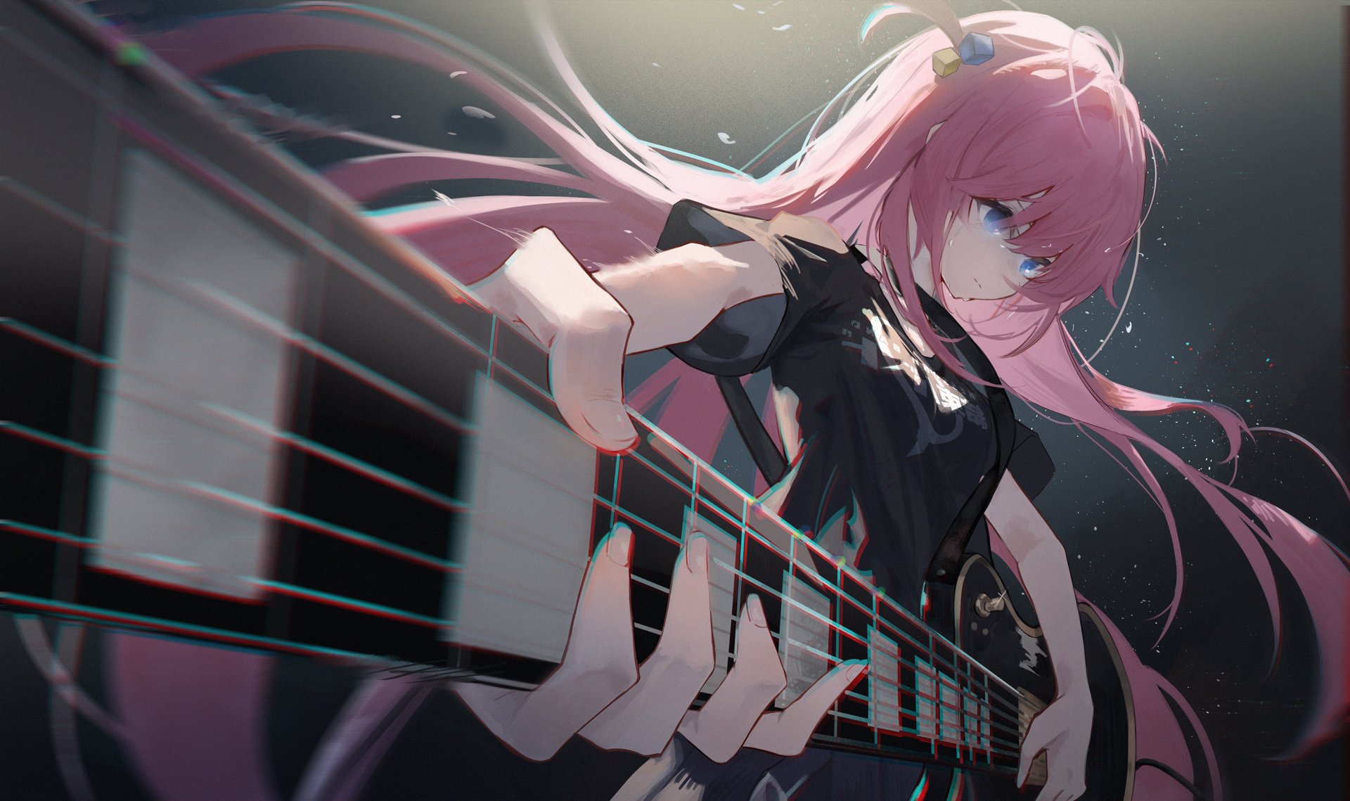HD anime desktop wallpaper featuring Hitori Gotou from Bocchi the Rock! playing an electric guitar with intense focus and dynamic lighting.